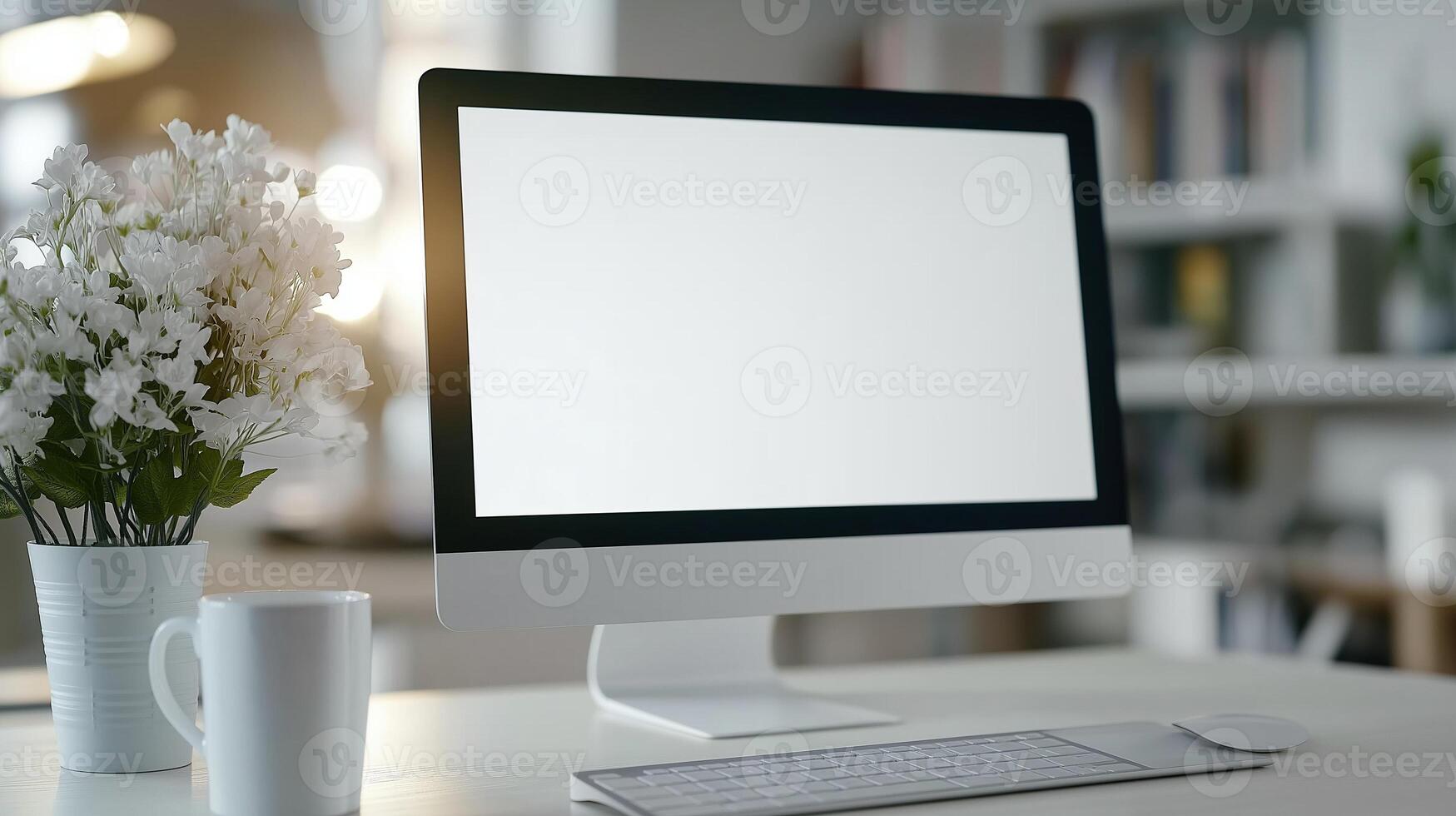 Mockup pc screen with flowers and tea cup in home office. E business equipment display template advertising image. Computer monitor mock up on table product photorealistic photo