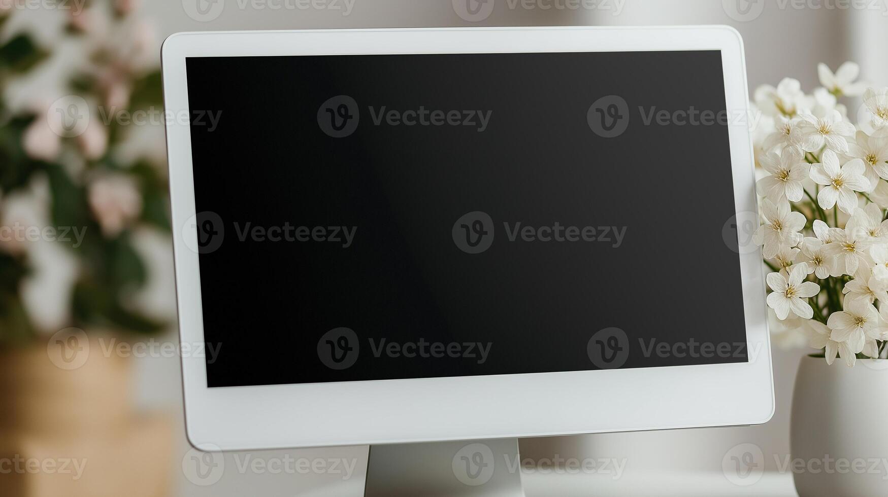 Modern pc screen mockup and spring flowers. Office technology for business display template advertising image. Floral ornament in corporate setting mock up product photorealistic photo