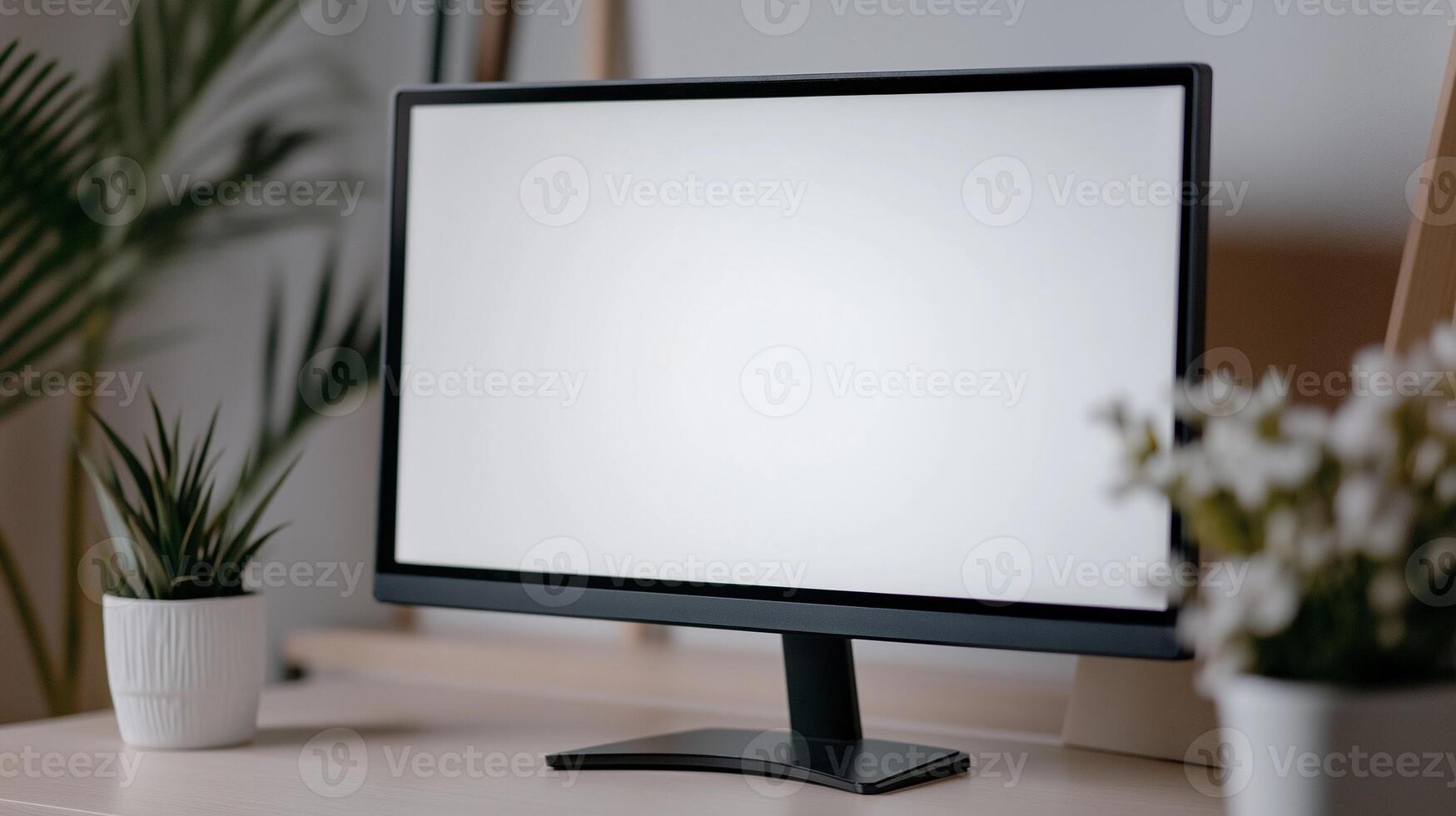 Pc screen mockup with houseplants on desk. Modern office computer equipment with glowing display template advertising image. Digital device monitor mock up product photorealistic photo