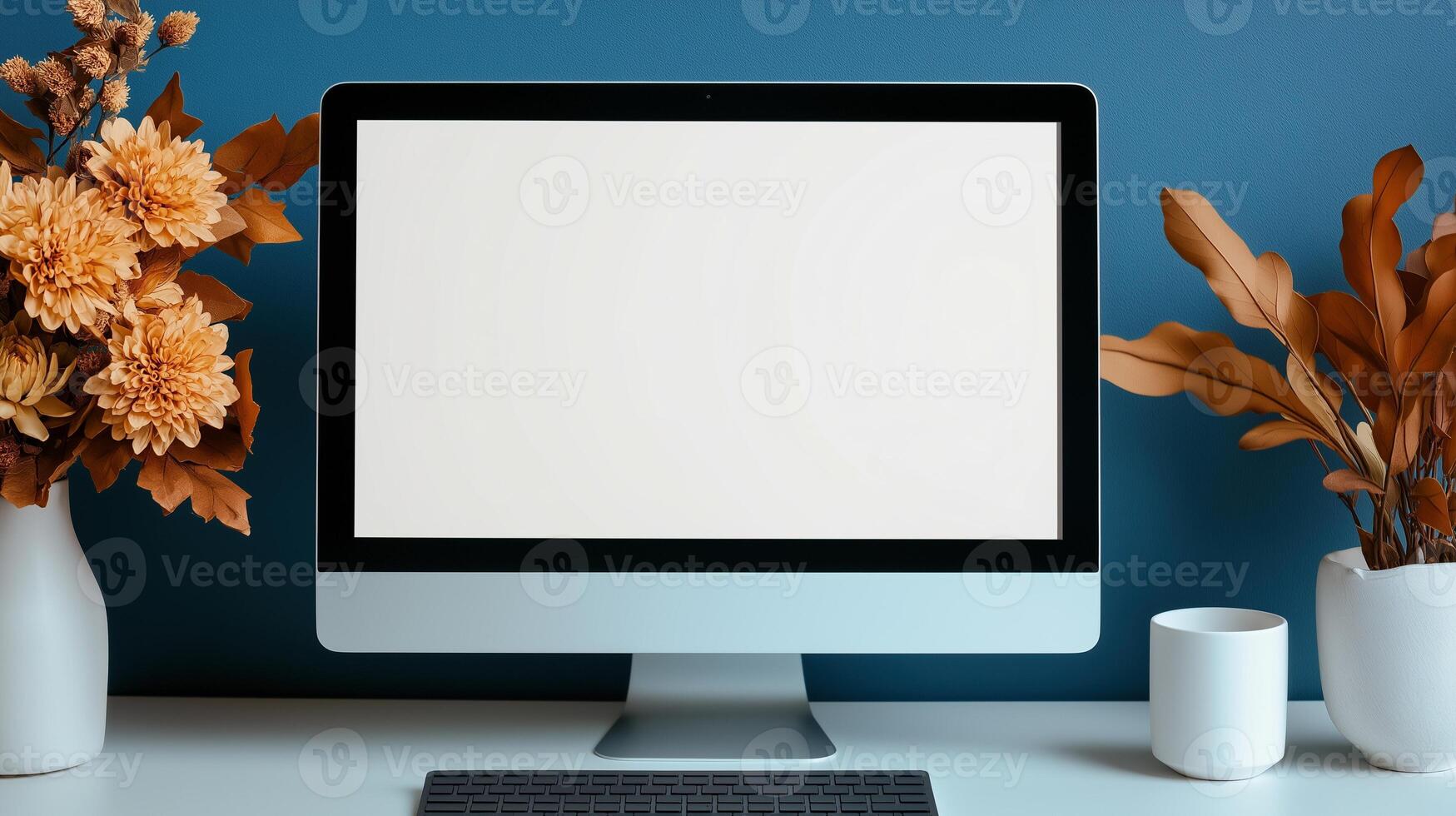 Modern monitor mockup and autumn floral ornament. Inspiring work atmosphere with of display template advertising image. Office decor with screen mock up product photorealistic photo