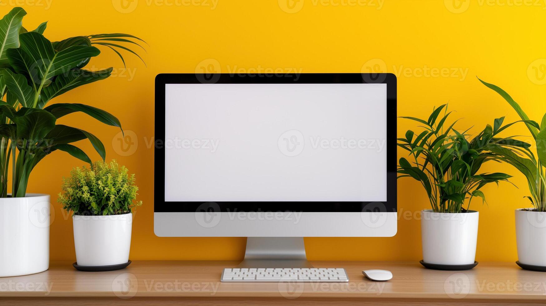 Computer mockup with growing houseplants on yellow background. Equipped office workplace with pc template advertising image. Lcd screen mock up on desk product photorealistic photo
