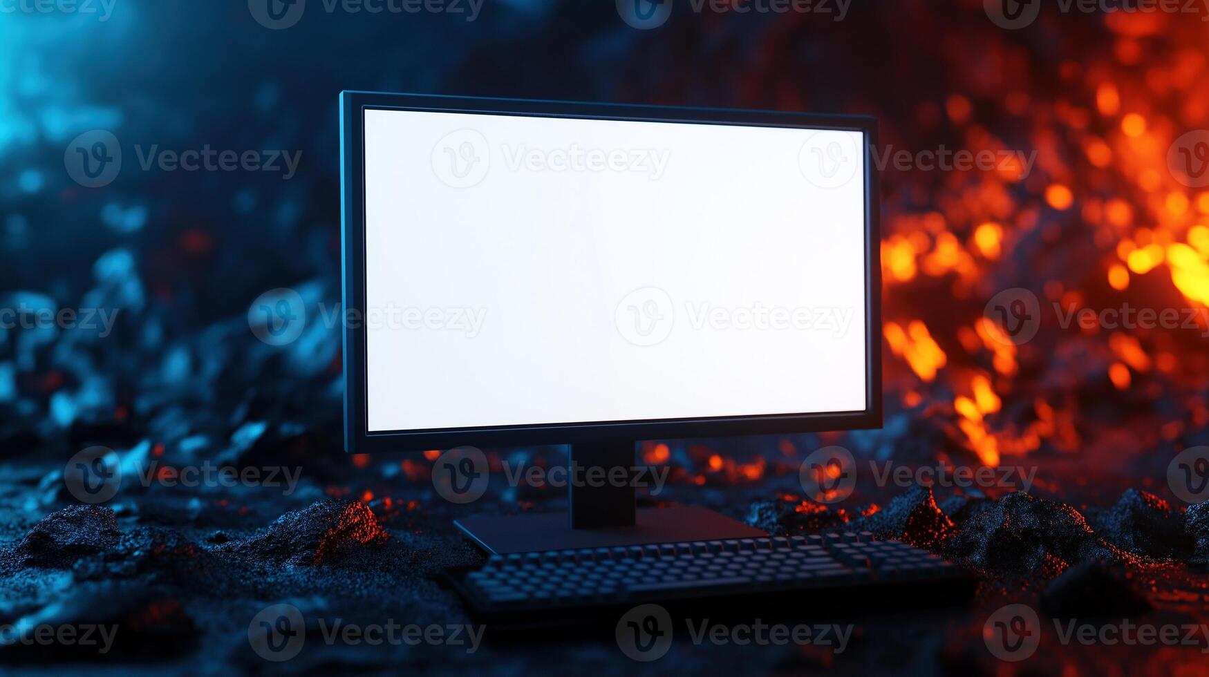 Monitor mockup against dramatic lava background. Videogame concept with modern pc template advertising image. Gaming adventure with computer display mock up product photorealistic photo