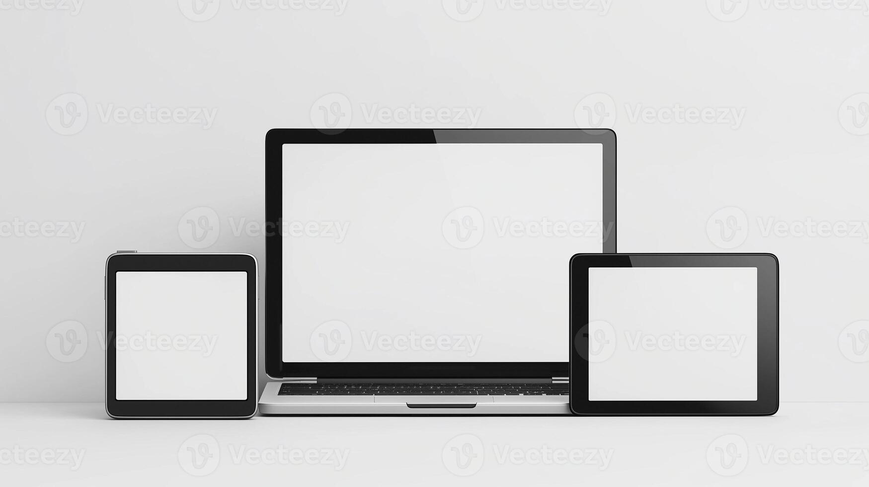 Computer and tablets mockup screens on white backdrop. Connecting personal devices for data exchange template advertising image. Digital devices mock ups product photorealistic photo
