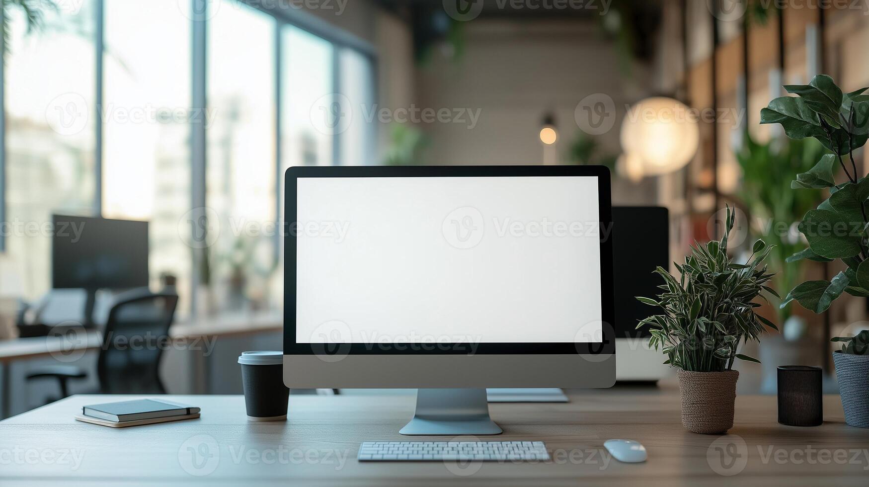 Working computer monitor mockup in office setting. Commercial technology integration with pc display template advertising image. Workplace screen mock up product photorealistic photo