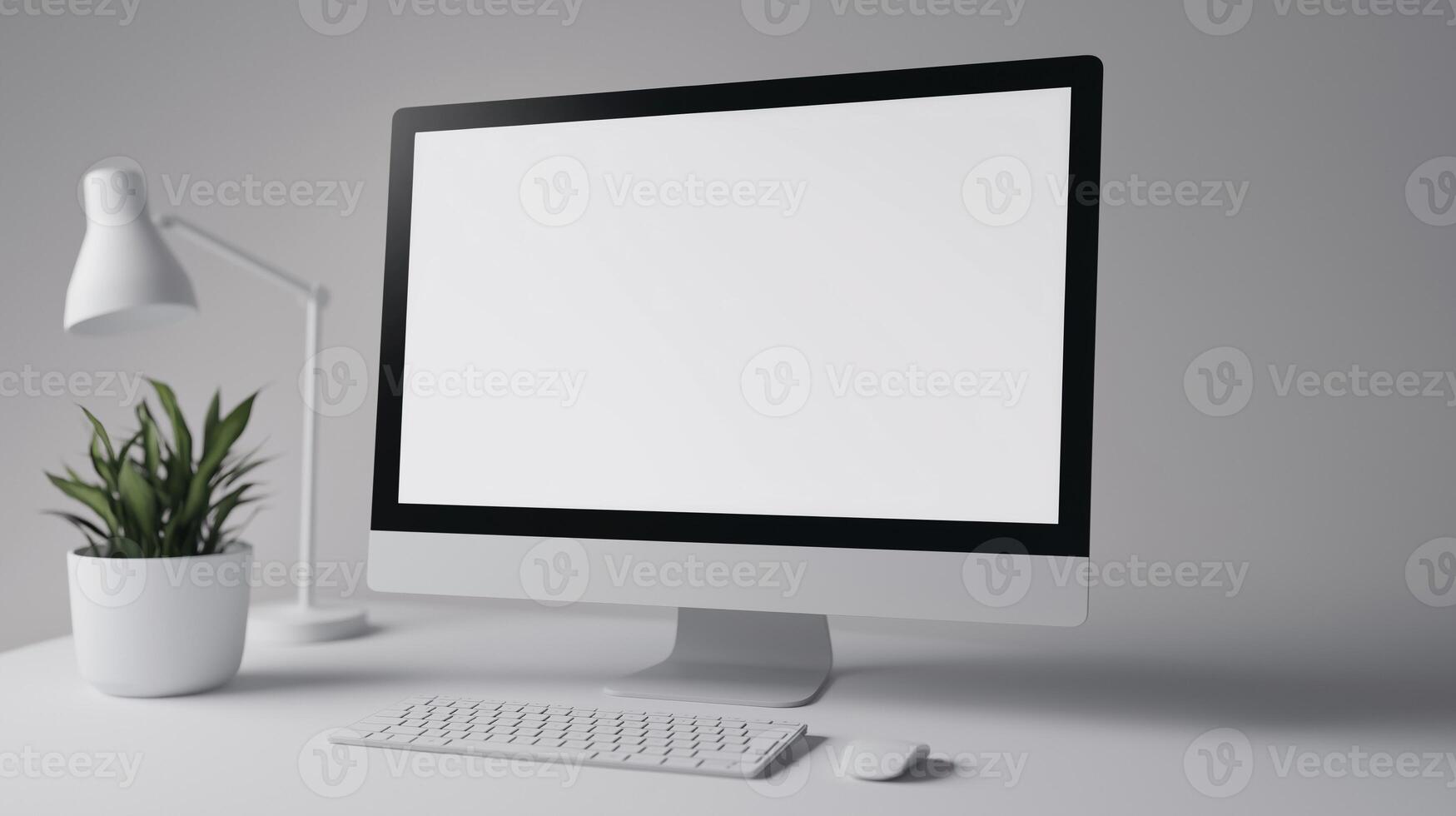 Minimalist office workplace with computer monitor mockup. Lamp, houseplant and pc with blank screen template advertising image. Workspace with display mock up product photorealistic photo