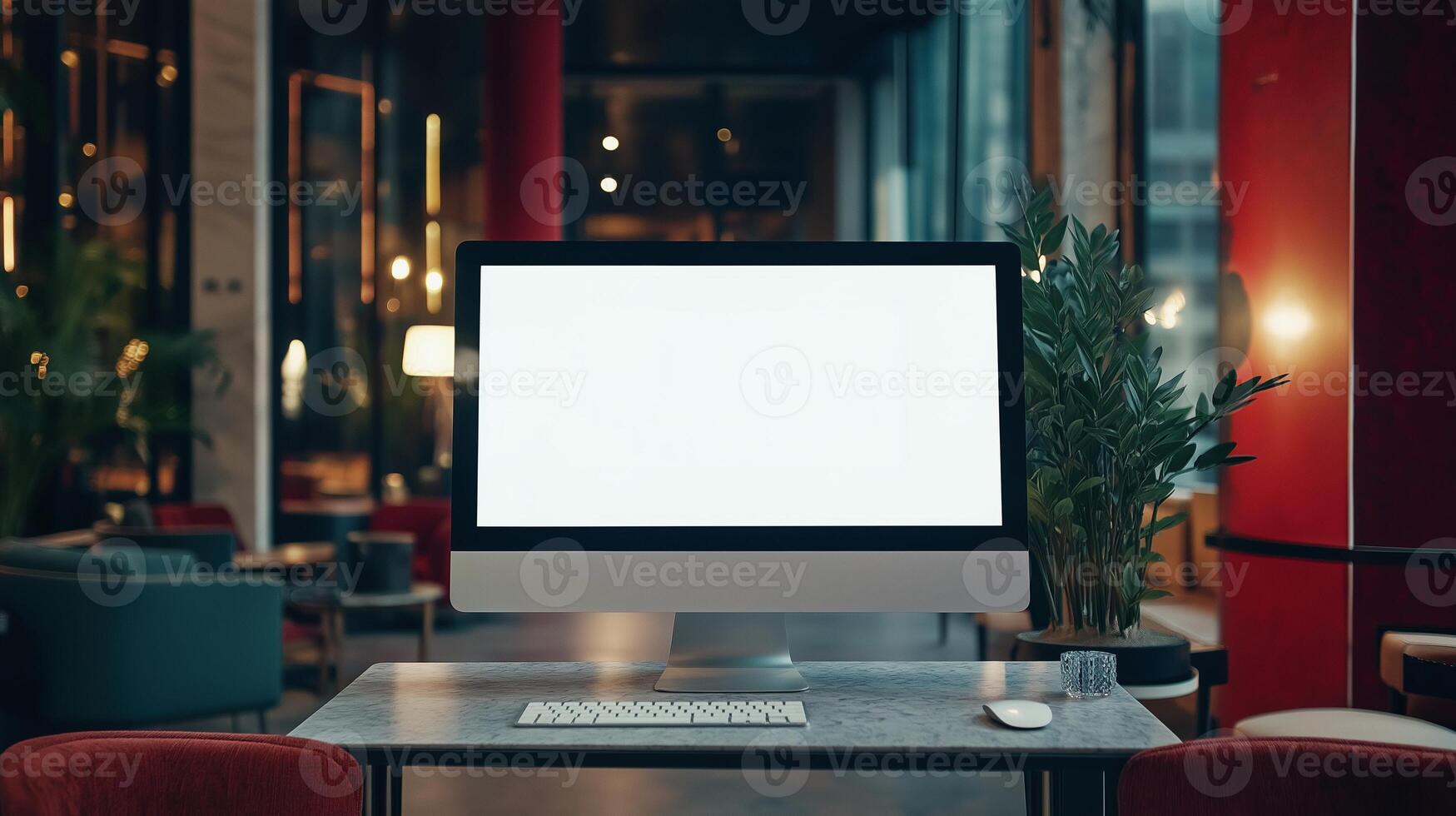 Glowing display mockup of pc in coworking. Manger workplace with computer in restaurant template advertising image. Business digital device mock up screen product photorealistic photo