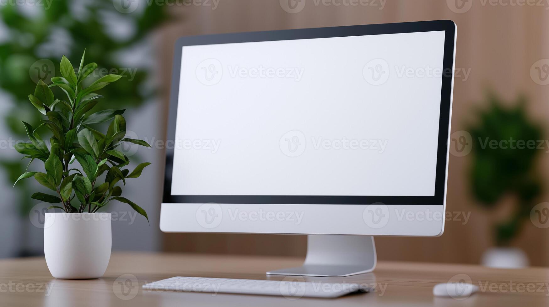 Lcd monitor mockup and houseplant on desk. Office environment arrangement with computer display template advertising image. Digital screen mock up on table product photorealistic photo