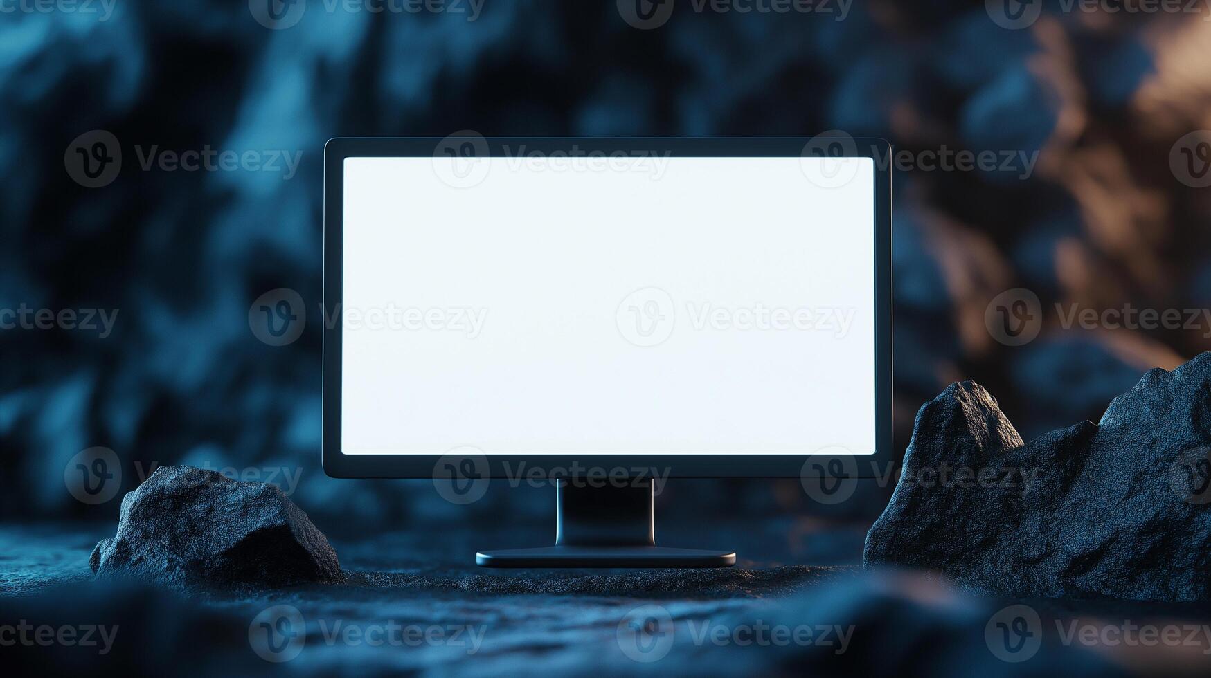 Computer mockup radiating light on rock backdrop. Creating surreal worlds with computer template advertising image. Digital display mock up in cliffs product photorealistic photo