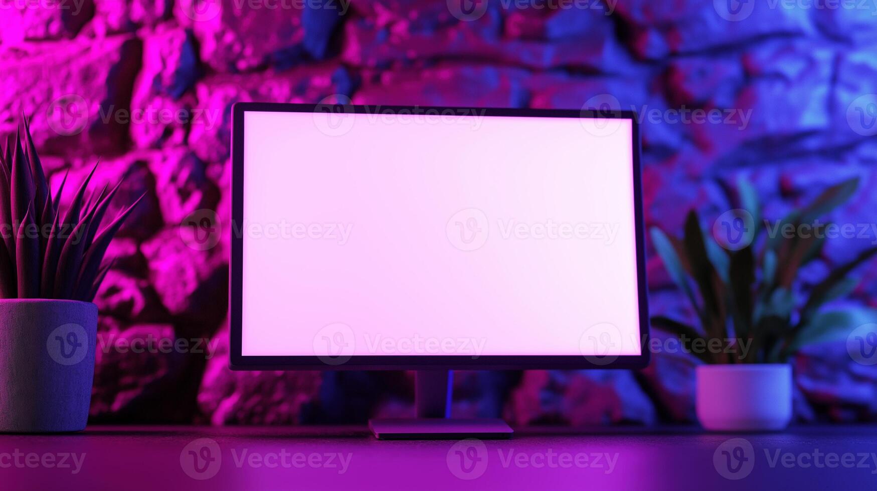 Monitor mockup with pot plants neat rock wall. Pc screen template in modern office with neon light advertising image. E commerce technology screen mock up product photorealistic photo