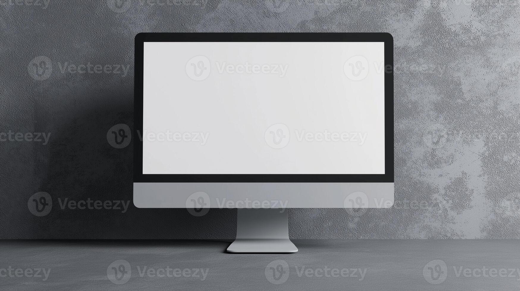 Monitor mockup standing by grey concrete wall. Modern computer equipment with display template advertising image. Digital screen mock up in workplace product photorealistic photo