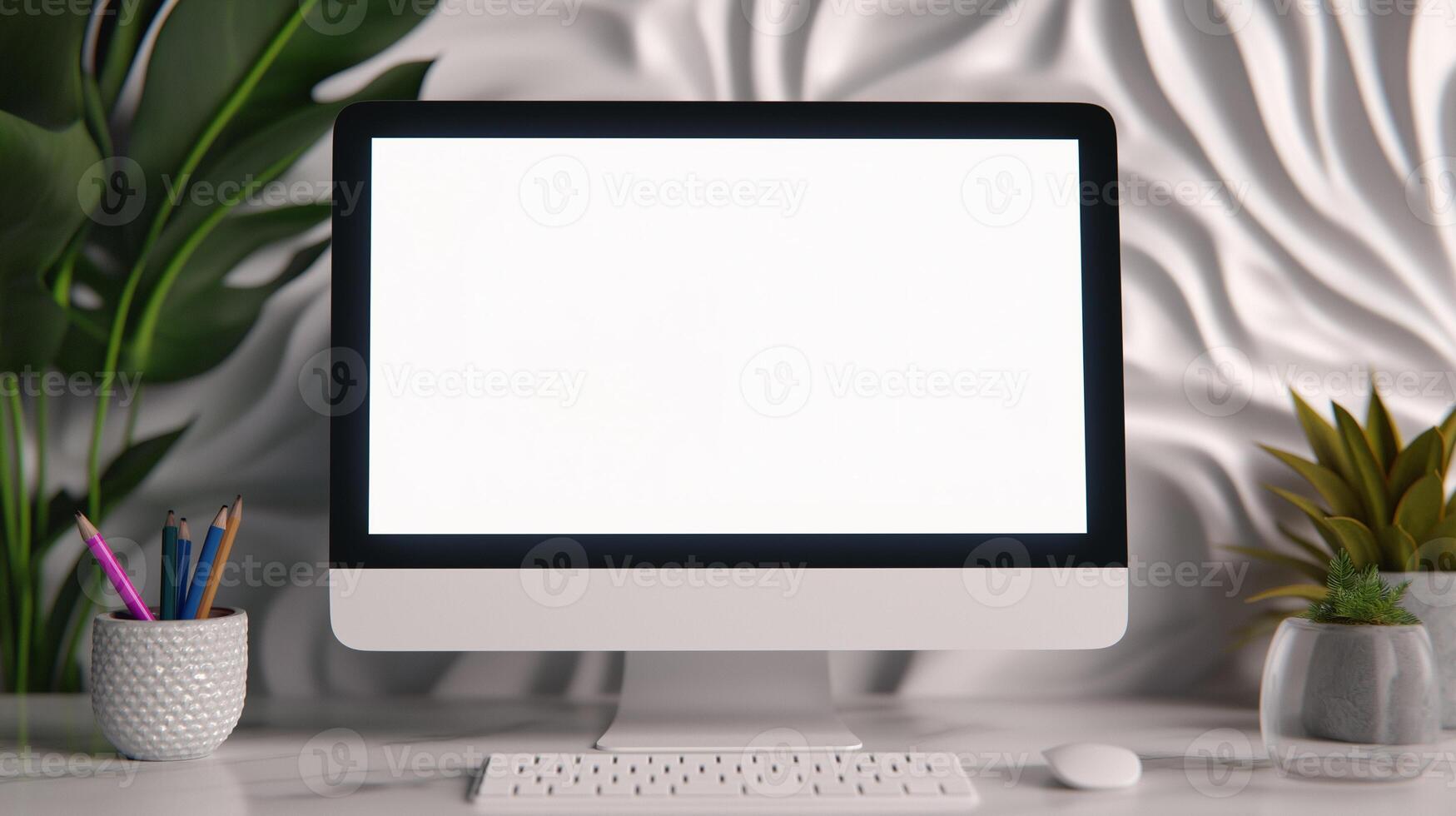 Arranged office workplace with computer display mockup. Using digital technology business template advertising image. Modern pc display mock up on desk product photorealistic photo