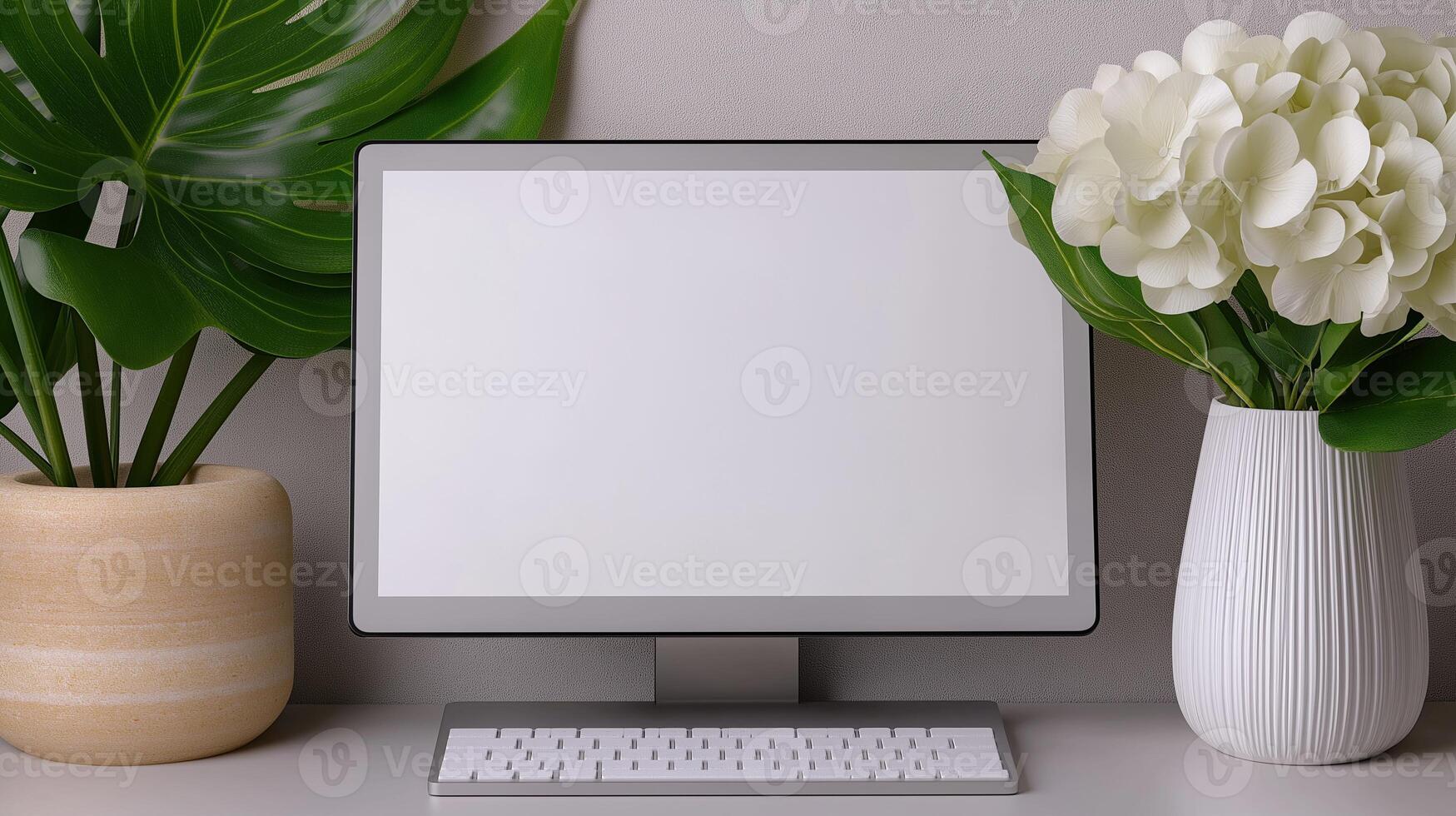 Cozy workplace with mockup computer monitor and plants. Composition with houseplants and pc display template advertising image. Screen mock up on desk product photorealistic photo