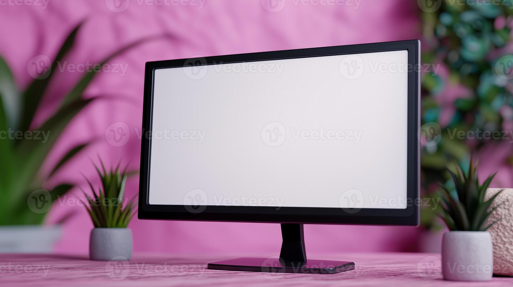 Computer display mockup with pot plants in home office. Remote workplace arranging with monitor template advertising image. Digital screen mock up on desk product photorealistic photo