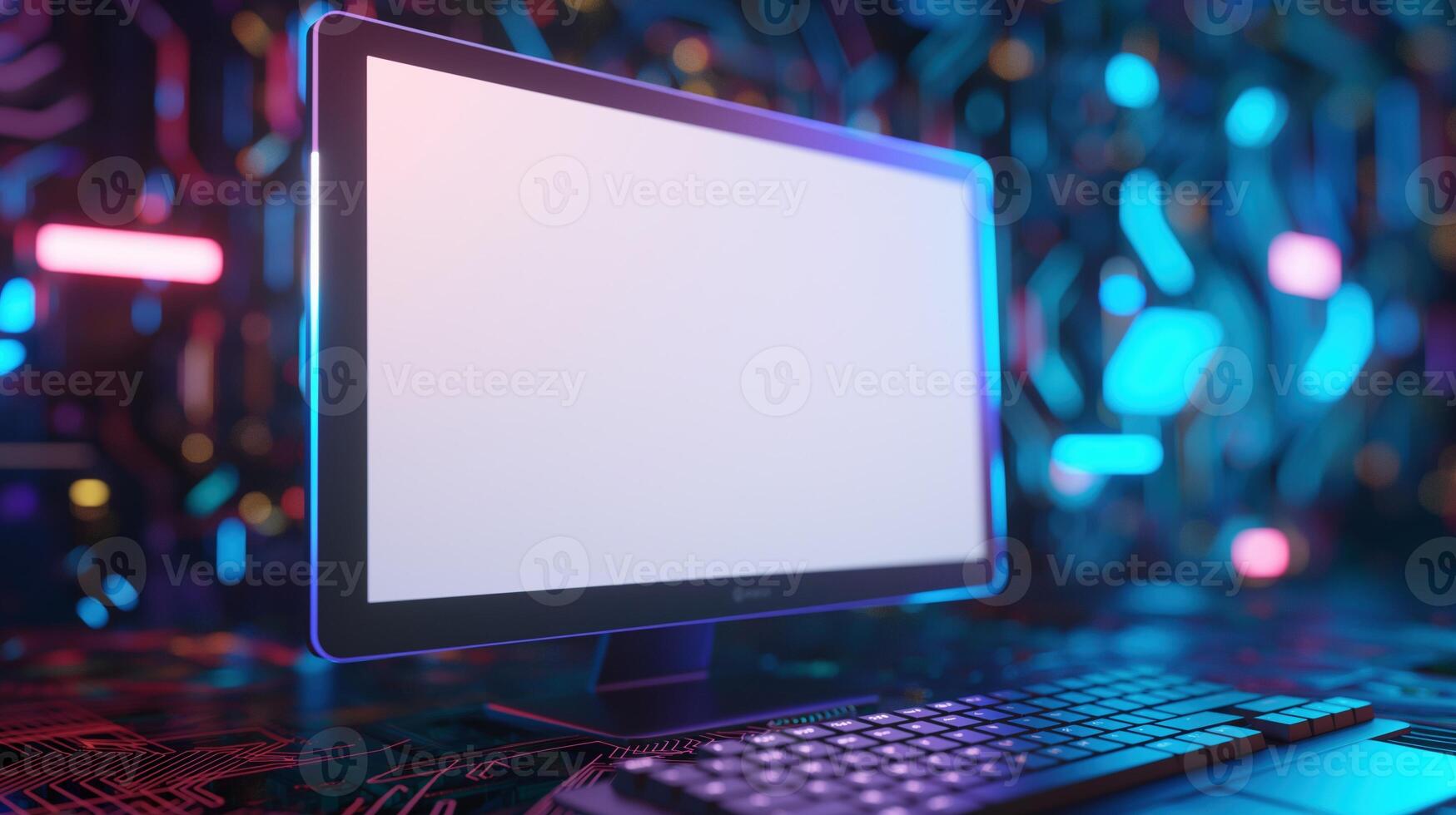 Monitor mockup of modern computer on abstract background. Digital equipment hardware display template advertising image. Powerful device screen mock up product photorealistic photo