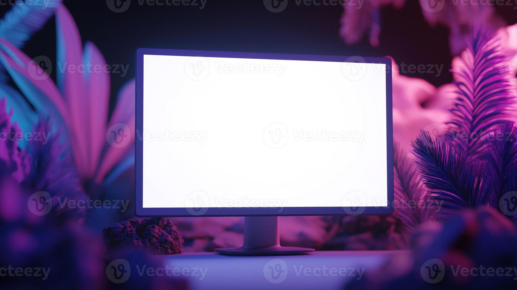 Glowing monitor mockup with neon floral decor. Abstract composition with pc display template advertising image. Exploring world with screen mock up among plants product photorealistic photo