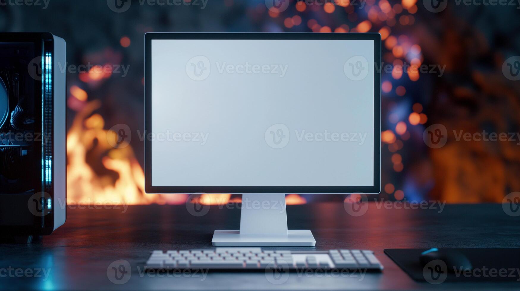 Pc display mockup against burning flame background. Modern gaming computer equipment template advertising image. Workstation monitor on desk mock up product photorealistic photo