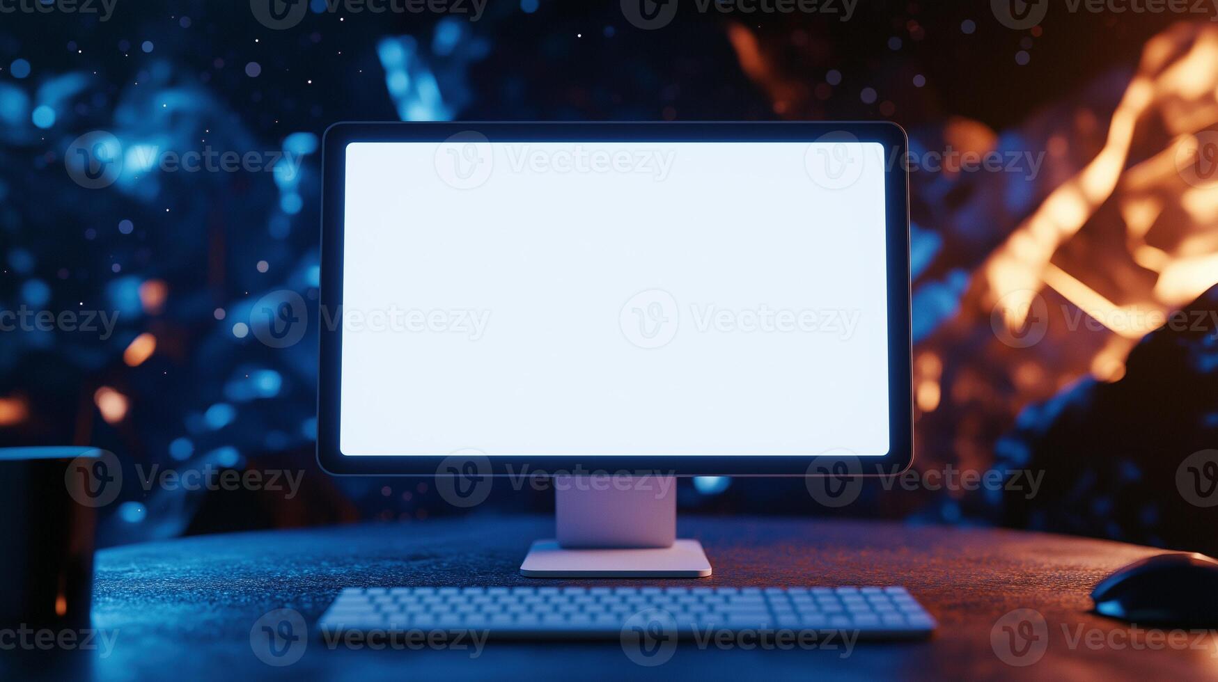 Mockup computer monitor in dramatic fire and darkness background. Gaming pc gloving display template advertising image. Videogame playing device mock up product photorealistic photo