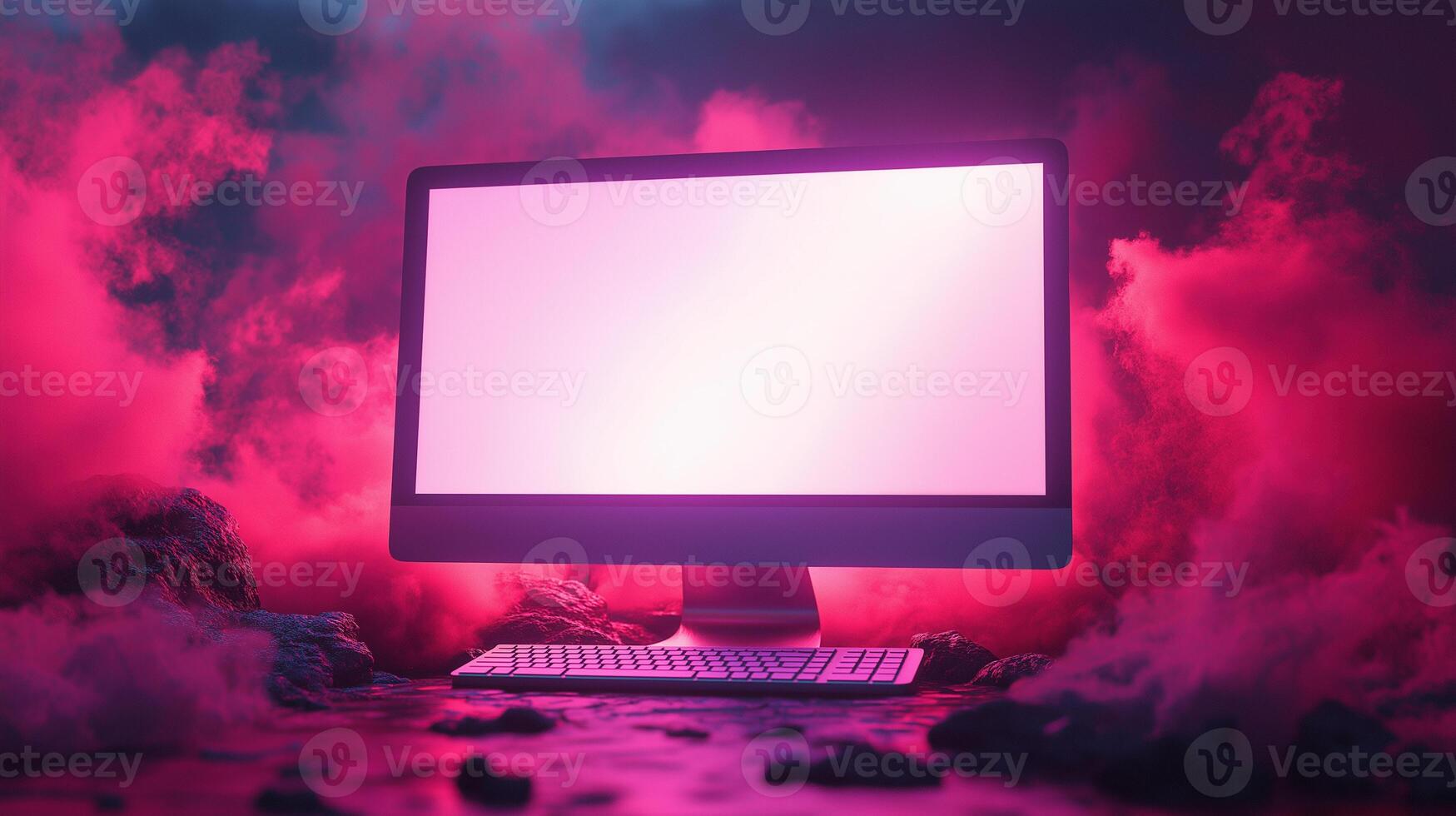 Mysterious fog clouds and pc monitor mockup. Gaming computer lcd display abstract backdrop template advertising image. Modern electronic screen mock up product photorealistic photo