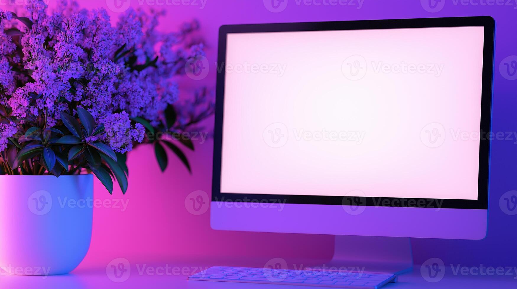 Fresh flowers bouquet near glowing monitor mockup. Productive atmosphere in workplace with neon light template advertising image. Device mock up on desk product photorealistic photo