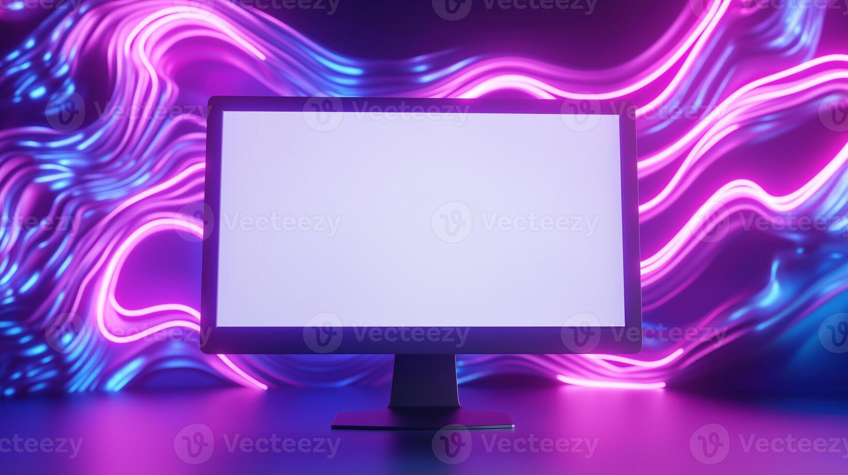 Gaming pc display mockup on abstract neon backdrop. Cybersport computer with blank screen in futuristic studio template advertising image. Display mock up product photorealistic photo