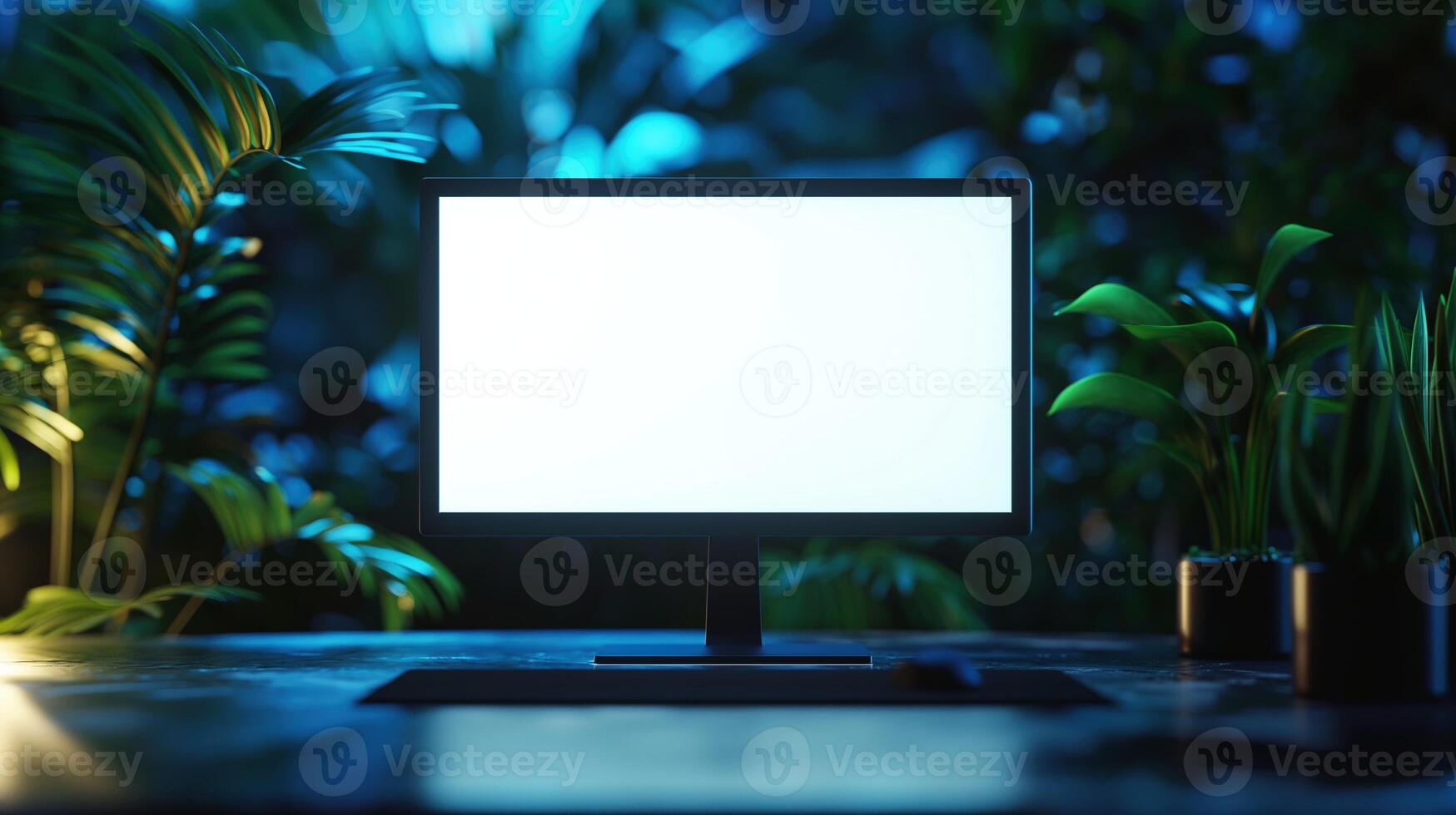 Computer monitor mockup with exotic plants. Eco friendly office environment with pc display template advertising image. Comfortable workplace with display mock up product photorealistic photo