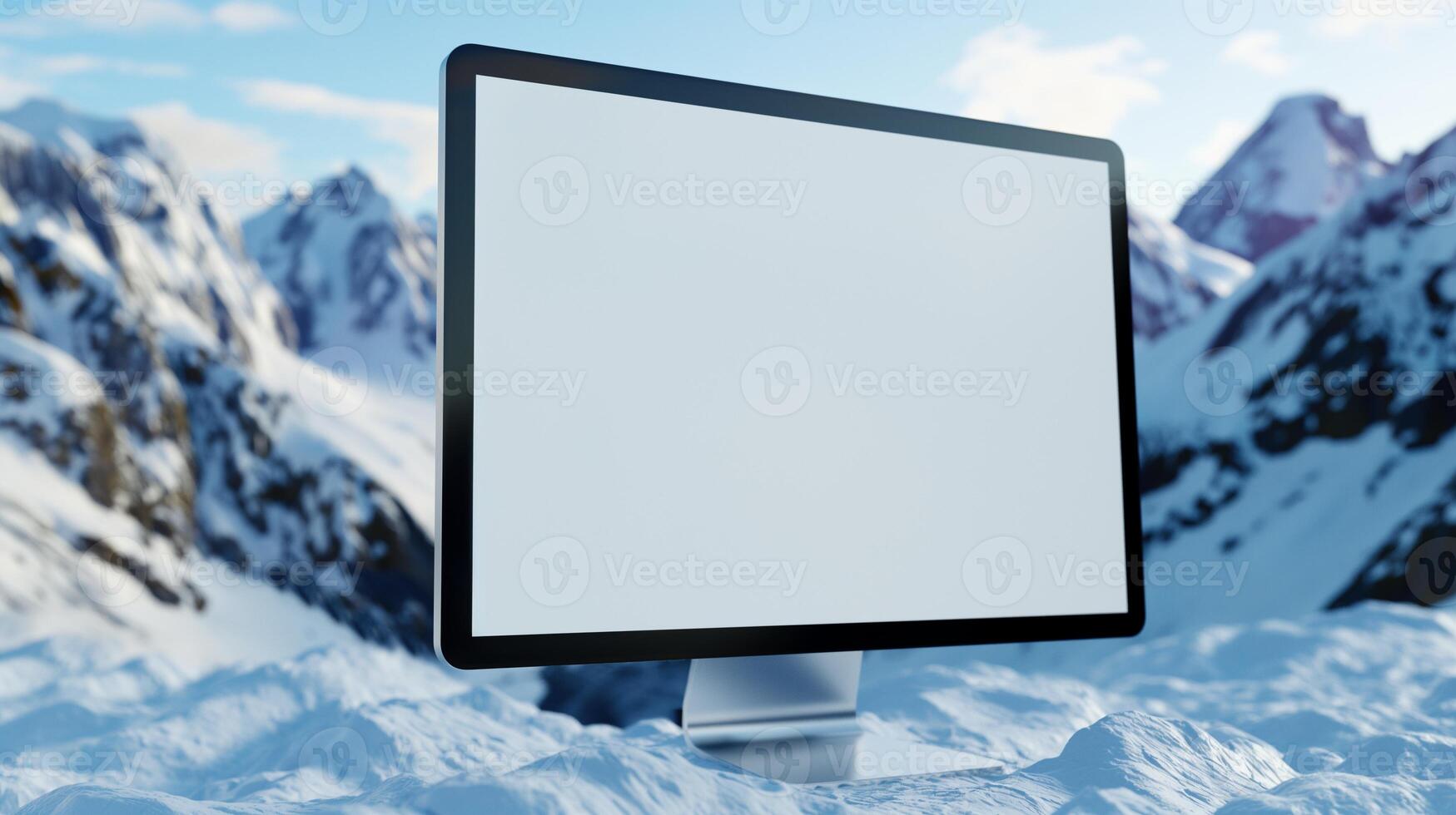 Computer lcd monitor mockup on snowcapped mountains. Exploring wild nature with technologies template advertising image. Pc display mock up in winter hills product photorealistic photo