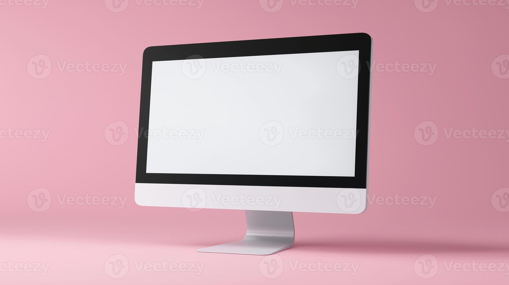 Modern computer display mockup on pink background. Female web developer workplace design template advertising image. Pc screen mock up in minimal office product photorealistic photo