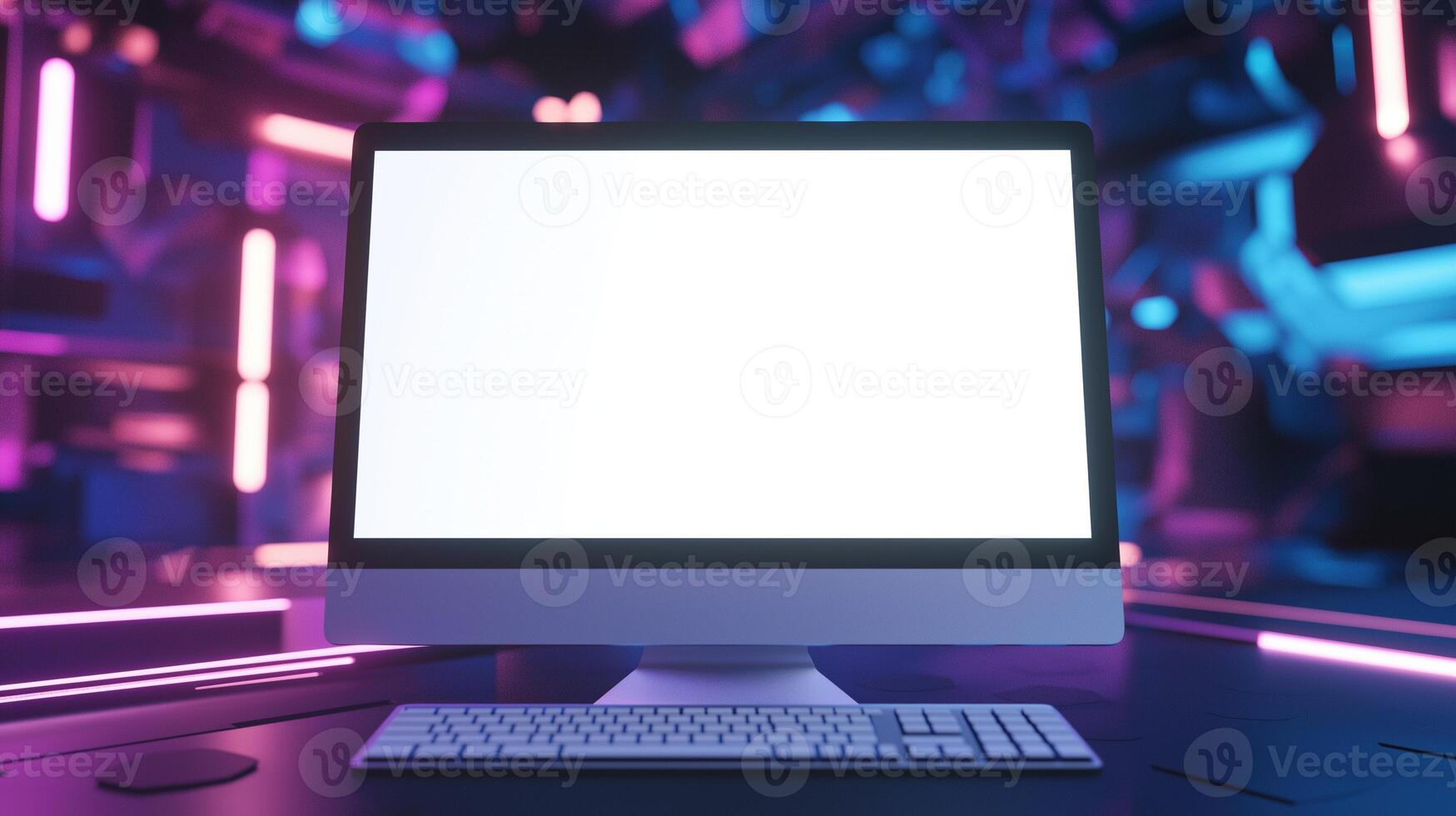 Modern computer monitor mockup on futuristic backdrop. Gaming pc display in virtual reality template advertising image. Digital screen mock up on desk product photorealistic photo