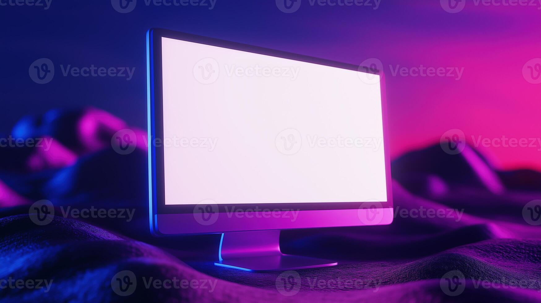 Monitor mockup on abstract neon desert area. Surreal workspace with glowing pc display template advertising image. Futuristic scene with device mock up screen product photorealistic photo