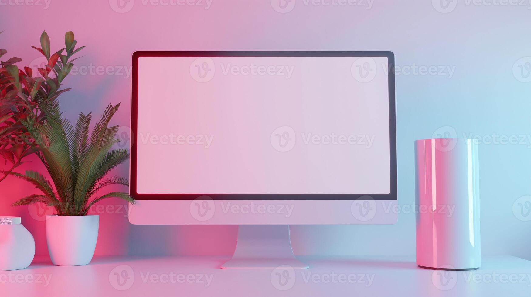 Mockup display of computer with houseplants in office. Workplace arrangement with pc monitor template advertising image. Corporate environment with device mock up product photorealistic photo
