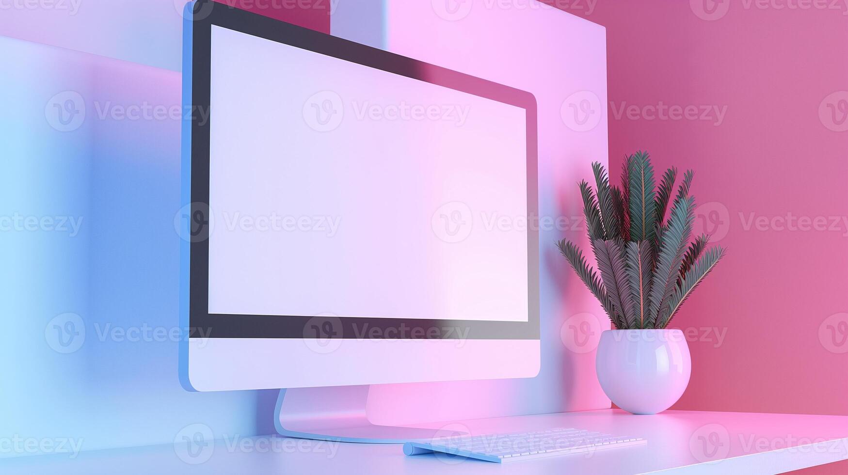 Computer monitor mockup and houseplant at pink light. Simple home office design with pc template advertising image. Modern electronics screen mock up product photorealistic photo