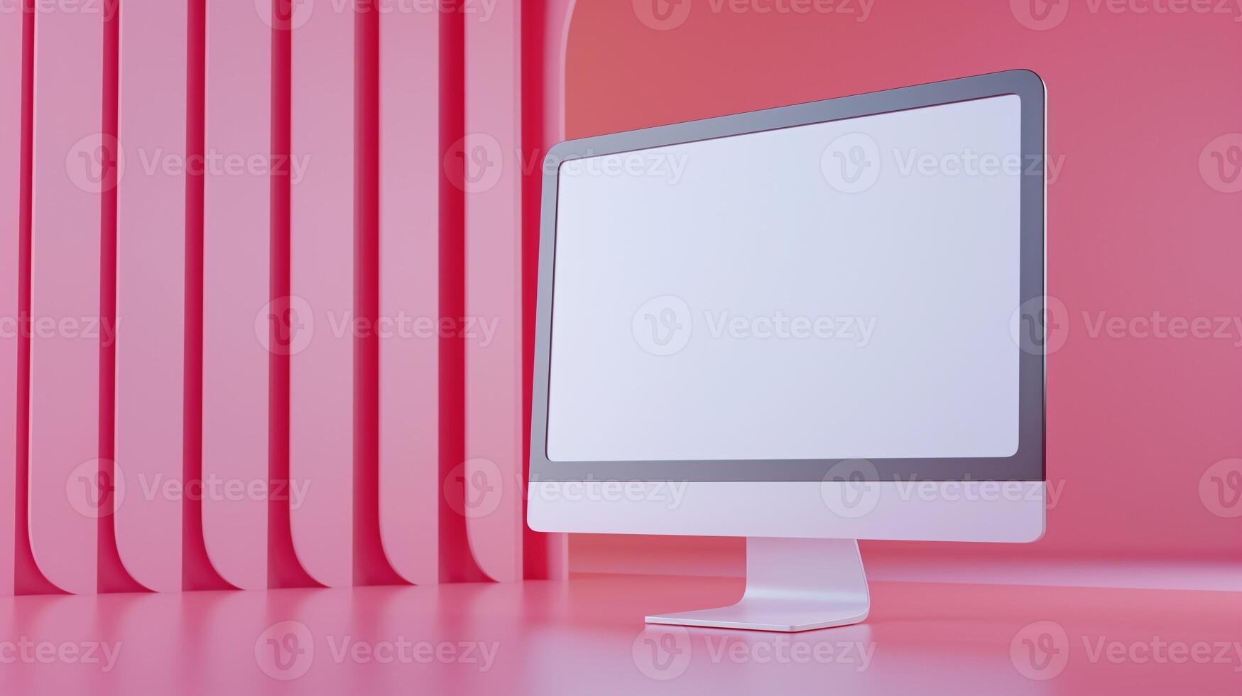 Glowing computer monitor mockup on pink backdrop. Digital equipment with blank lcd screen template advertising image. Pc display mock up in trendy office product photorealistic photo