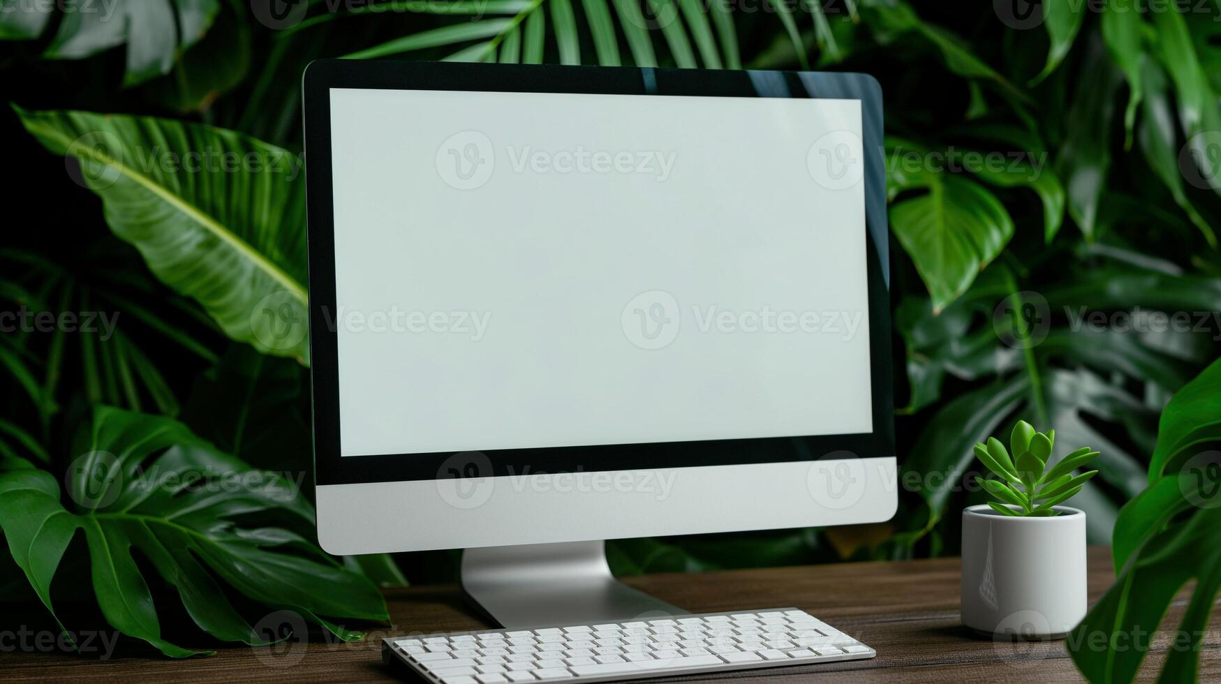 Office computer monitor mockup with lush exotic plants. Tropical houseplants in workplace with pc screen template advertising image. Display mock up product photorealistic photo