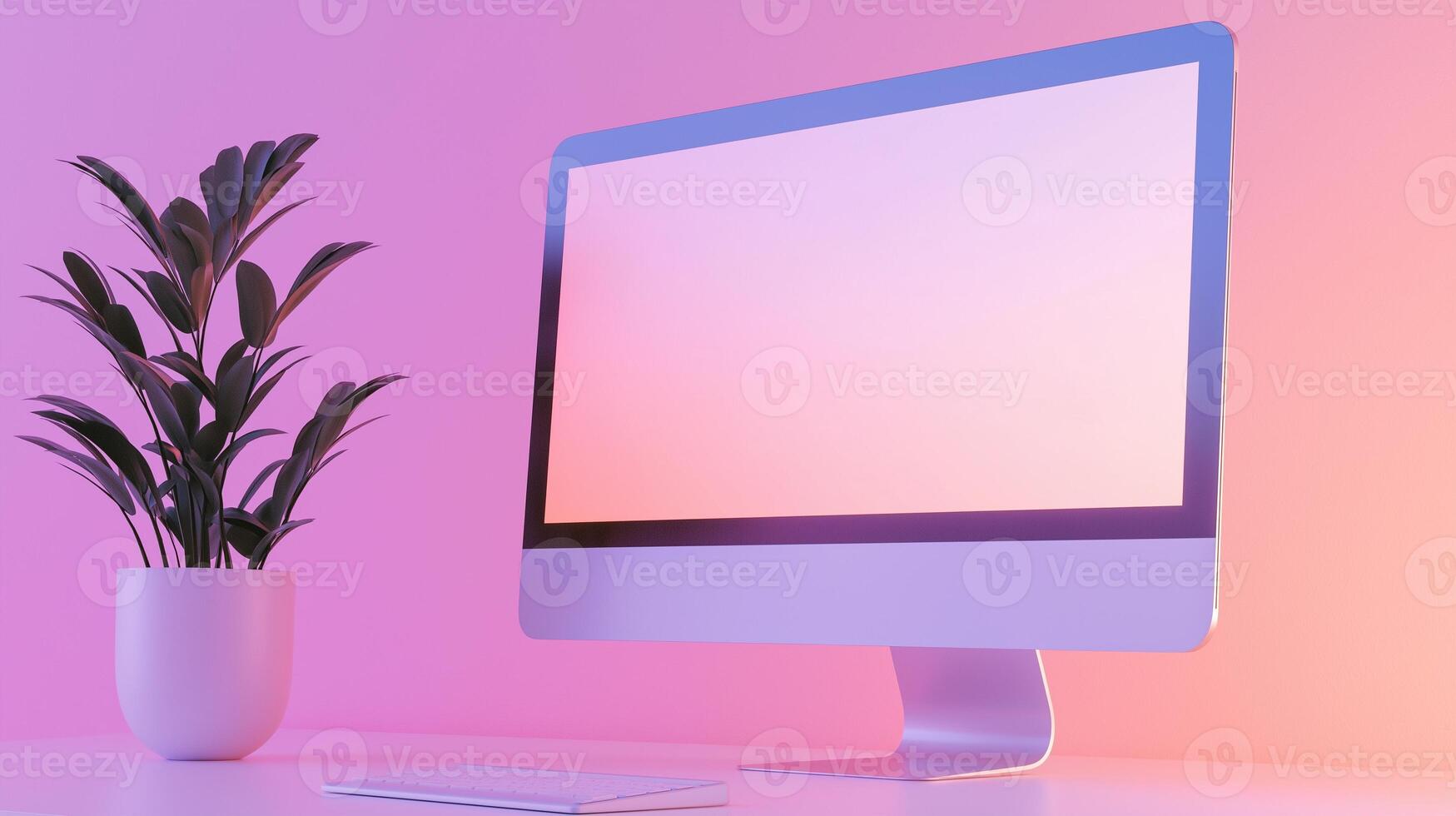 Powerful computer monitor mockup and houseplant on pink background. Colorful workplace computer equipment template advertising image. Display mock up product photorealistic photo