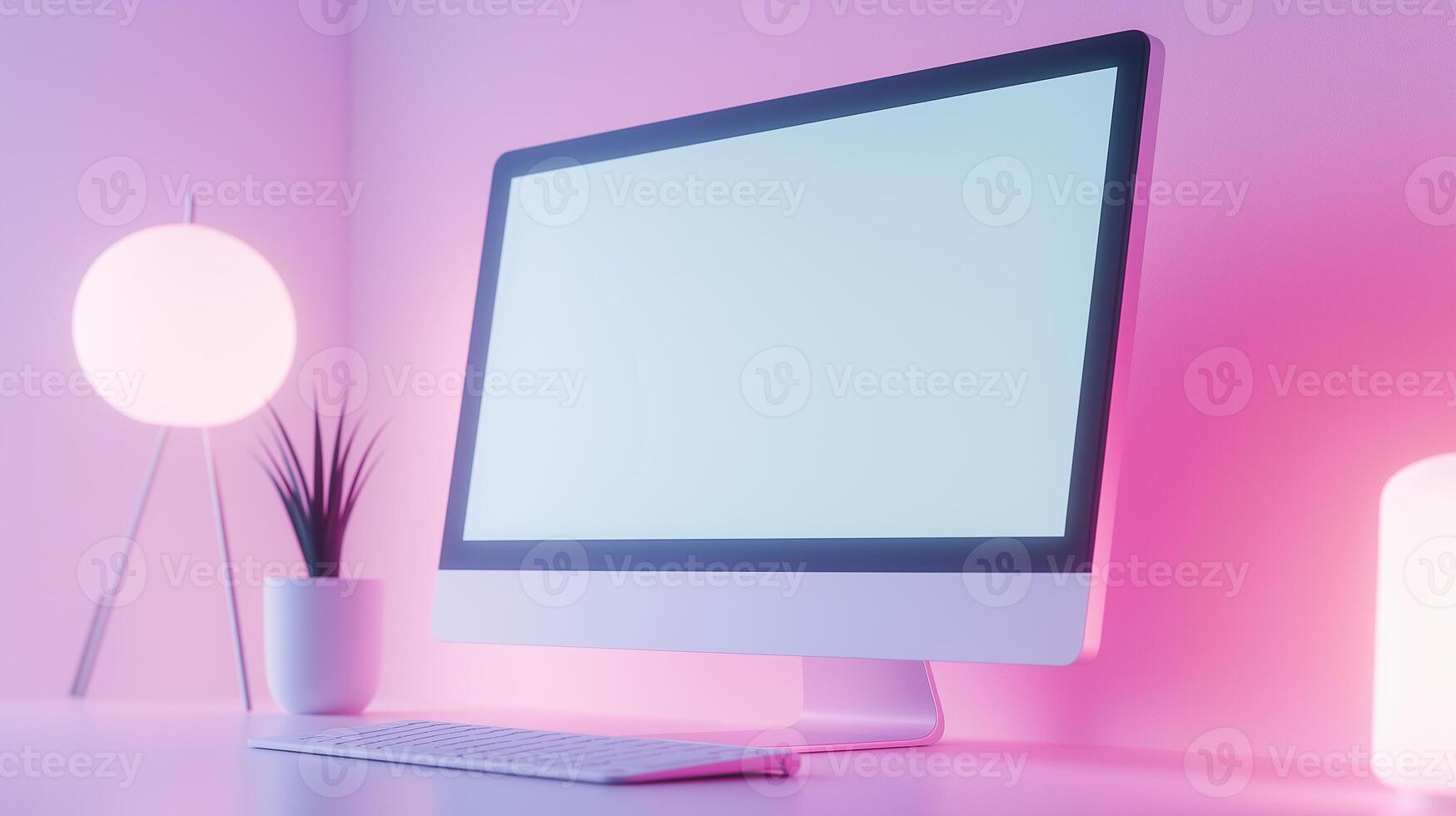 Trendy workplace with computer monitor mockup. Stylish home office with modern pc display and lamp template advertising image. Digital screen mock up product photorealistic photo