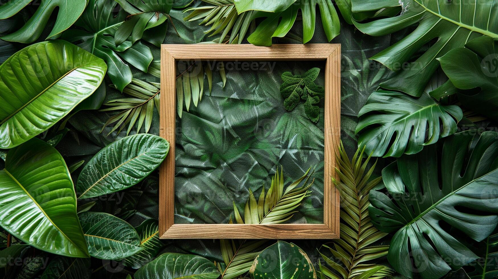 Jungle vibe wooden frame mockup within dense layered tropical leaves. Botanical style border template advertising image. Exotic plants arrangement photoframe mock up photorealistic photo