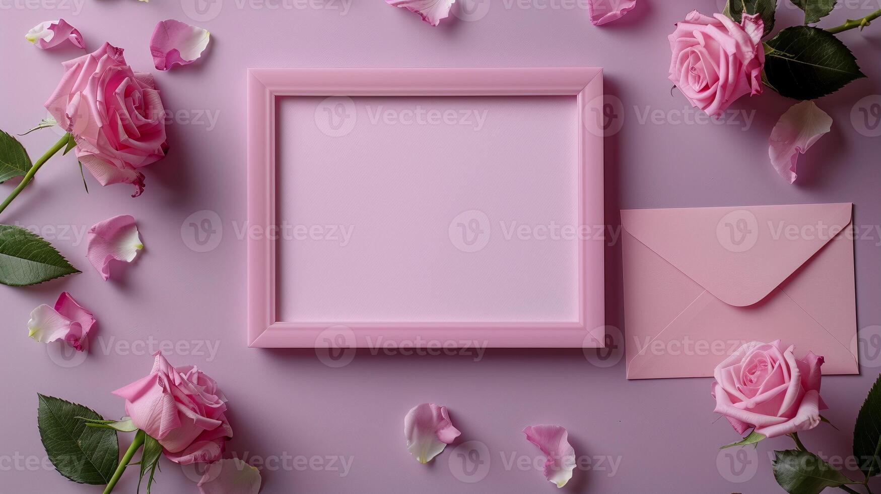Romantic pink frame mockup with envelope roses petals. Love theme floral flatlay photoframe template advertising image. Stationery and flowers pictureframe mock up photorealistic photo