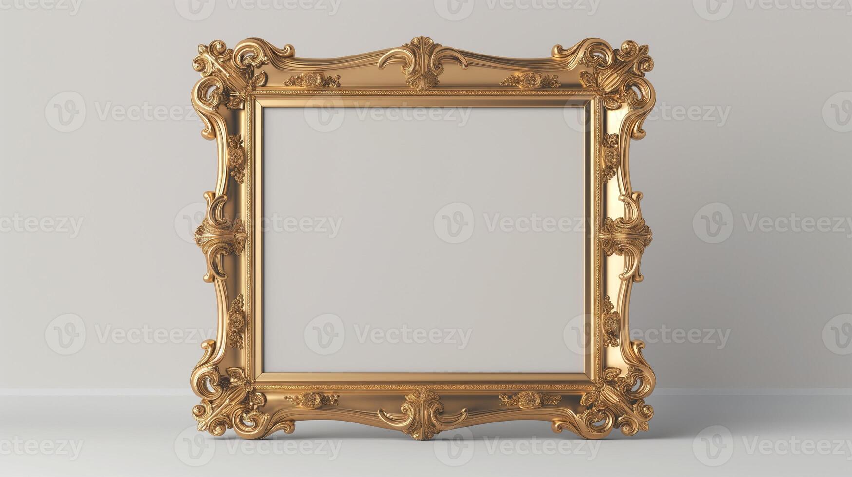 Elegant gold frame mockup with intricate scrollwork and opulent detailing. Sophisticated photoframe template advertising image. Classic pictureframe mock up product photorealistic photo