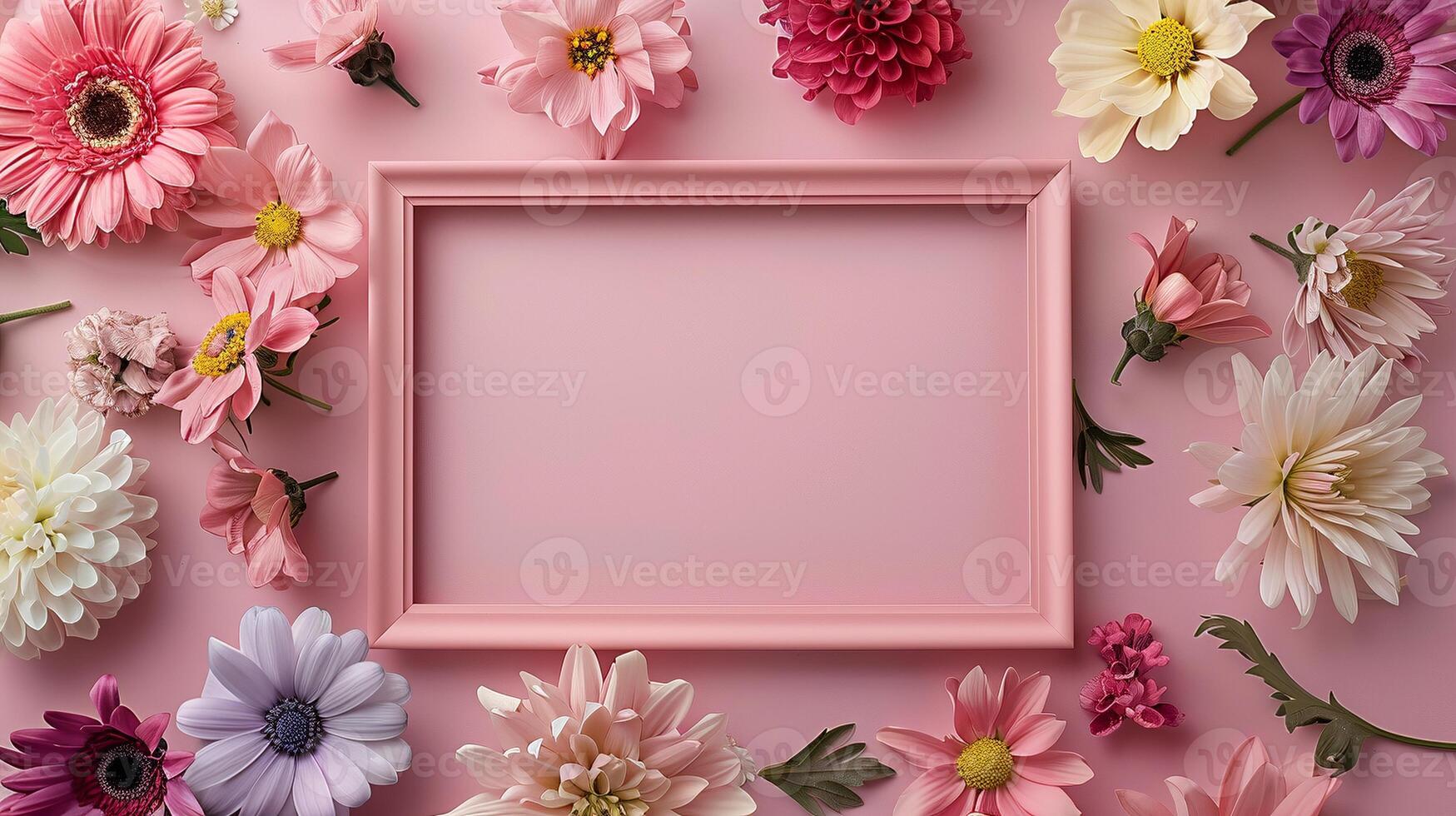 Soft pink rectangular frame mockup with harmonious serene flowers. Floral composition photoframe template advertising image. Botanical pictureframe mock up product photorealistic photo