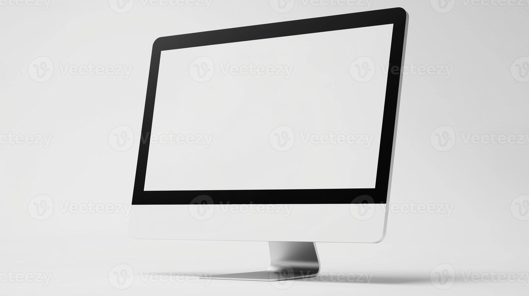 Lcd display mockup in empty white space. Modern computer for work and relax in office template advertising image. Electronics digital screen mock up on desk product photorealistic photo