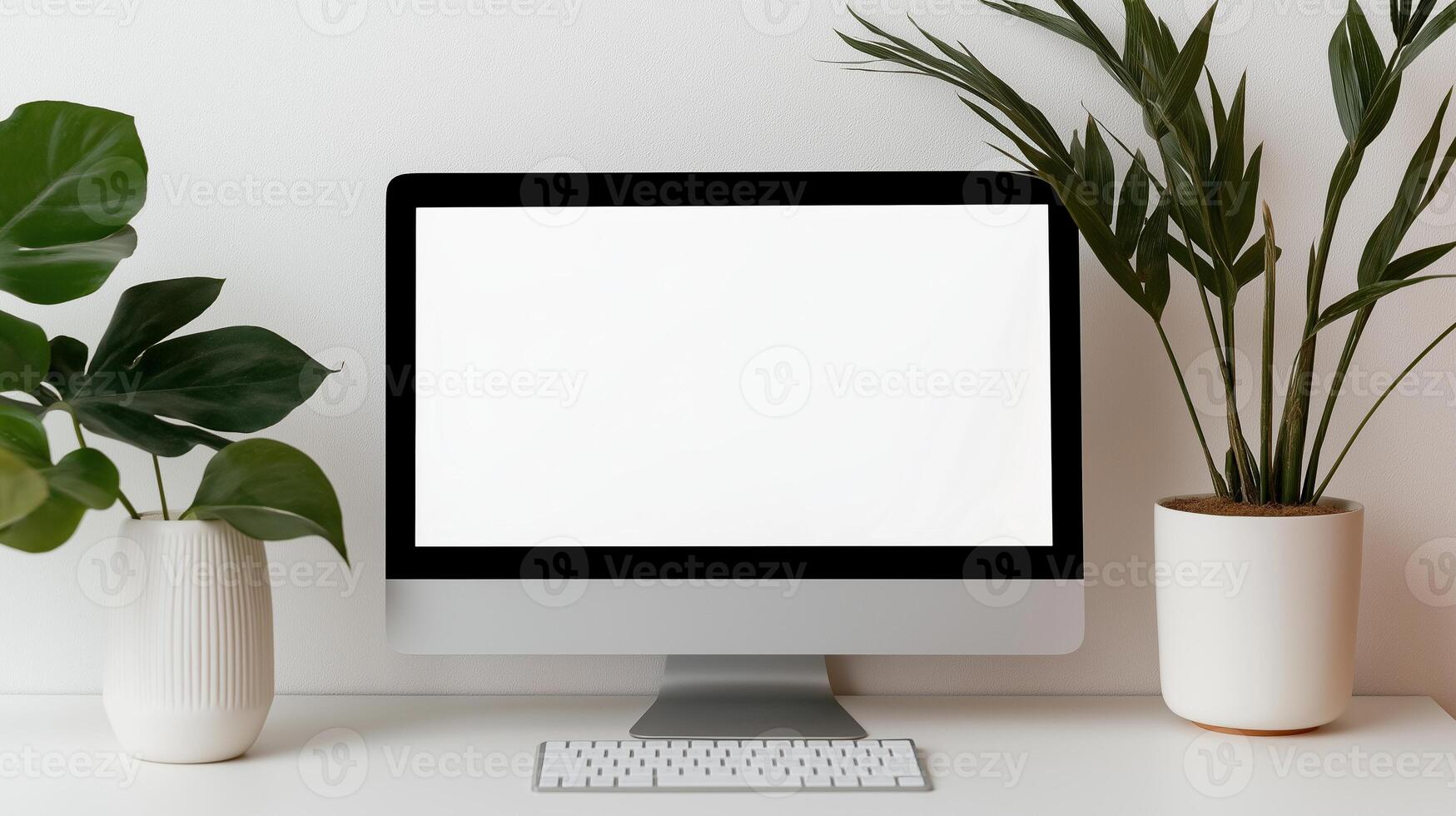 Glowing computer monitor mockup with houseplants on desk. Workplace creating productive atmosphere template advertising image. Pc display mock up on desk product photorealistic photo