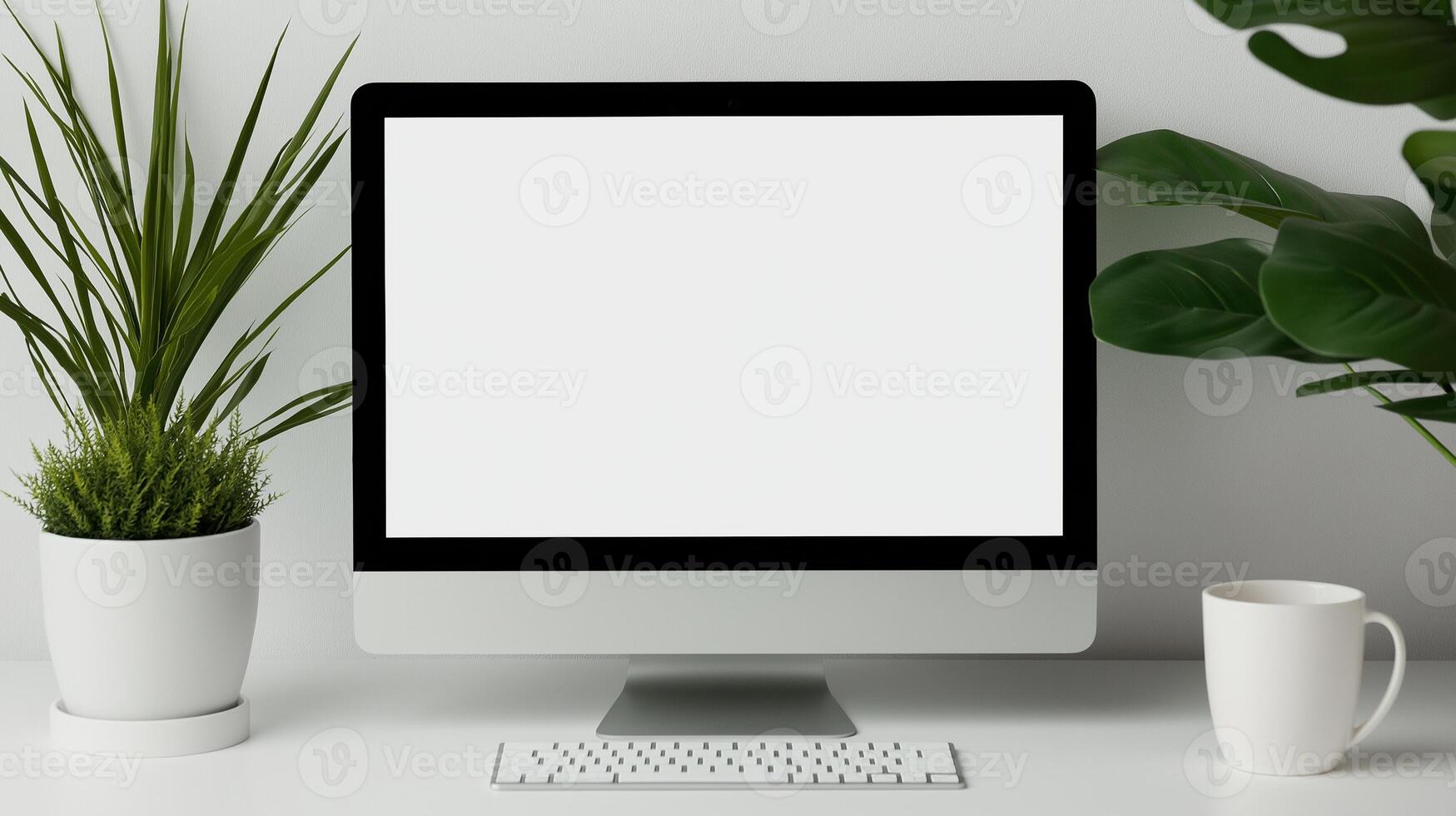 Minimal workplace with computer screen mockup. Houseplants and coffee cup near pc monitor template advertising image. Device screen mock up near white wall product photorealistic photo