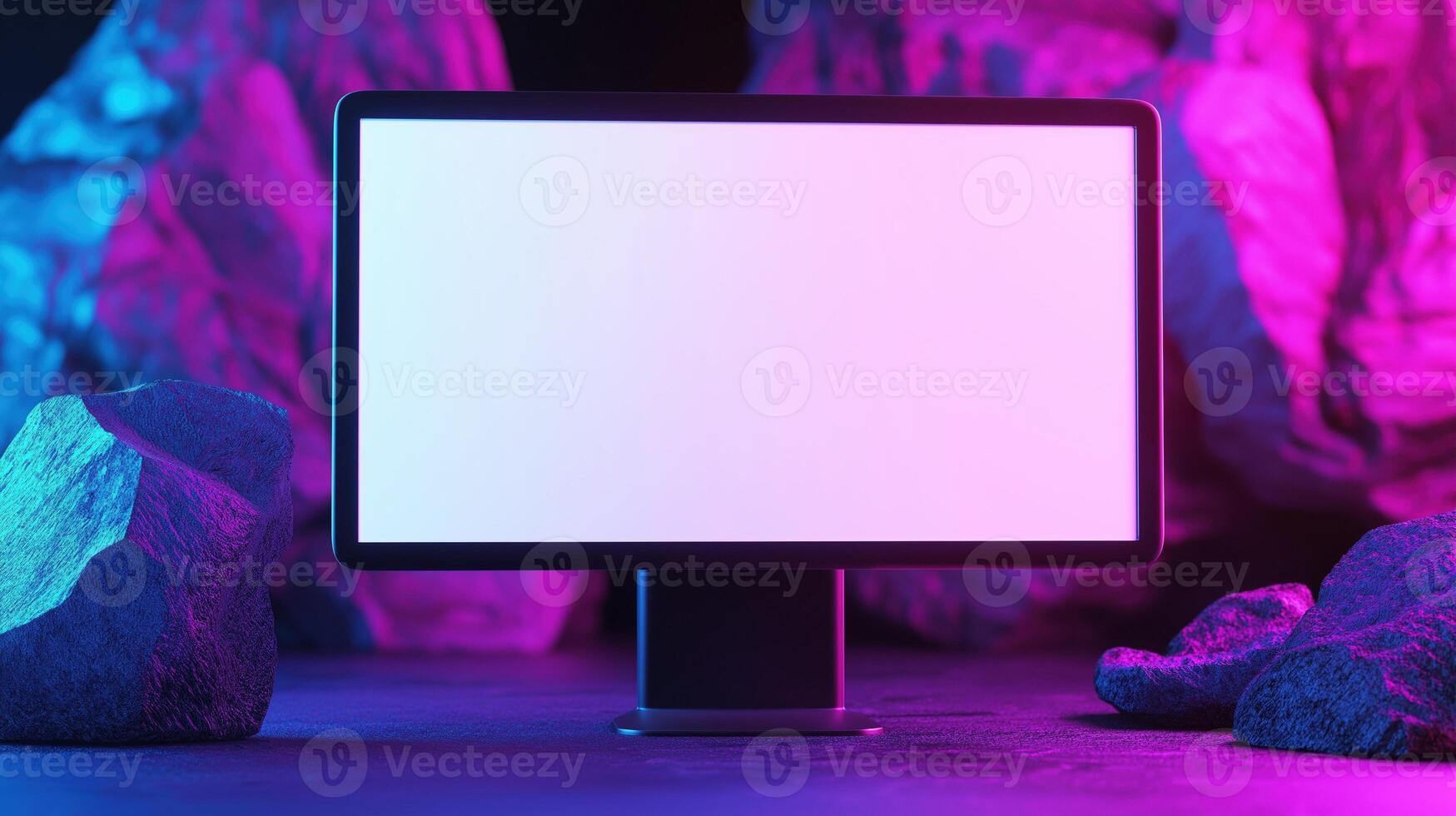 Modern computer screen mockup among rocks. Neon glowing cave with digital device template advertising image. Surrealistic scene with pc monitor mock up product photorealistic photo