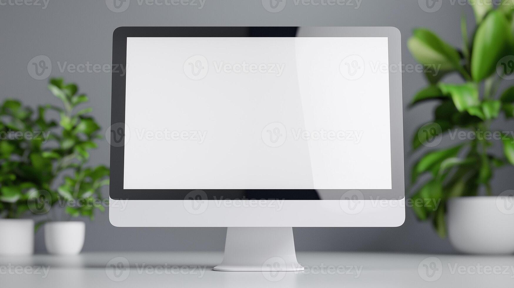 Computer monitor mockup and pot plants on white desk. Office pc screen template with houseplants advertising image. Modern digital device mock up display product photorealistic photo