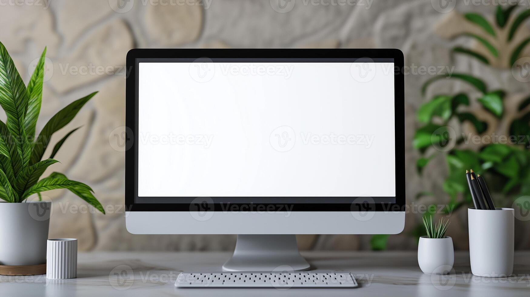 Growing houseplants neat computer display mockup. Workplace improving productivity with pc template advertising image. Electronics for business mock up product photorealistic photo