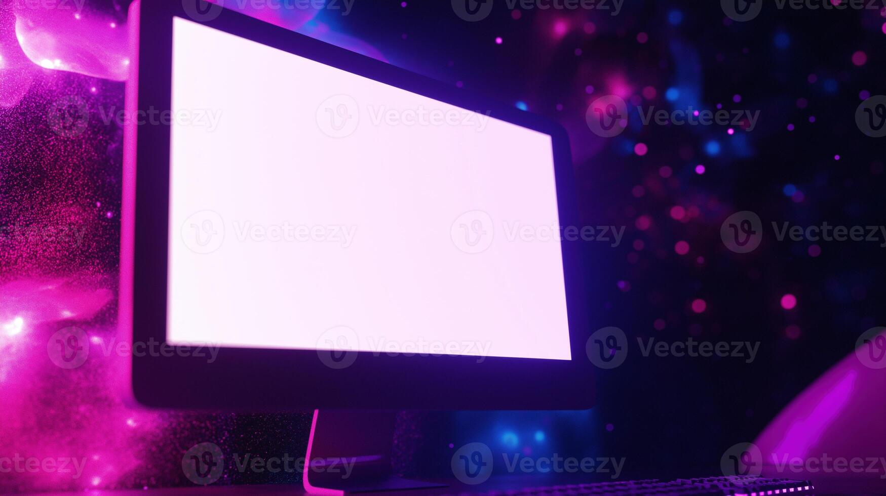 Computer mockup monitor in outer space. Dreamlike cosmic scene with working pc display template advertising image. Device with lcd screen mock up and starry sky product photorealistic photo
