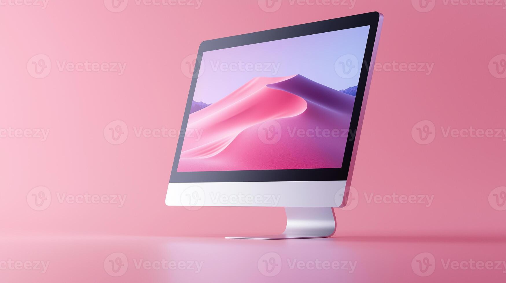 Computer monitor with desert dune screensaver in pink background image. Digital equipment for work and entertainment photography scene wallpaper. Pc display concept photorealistic photo
