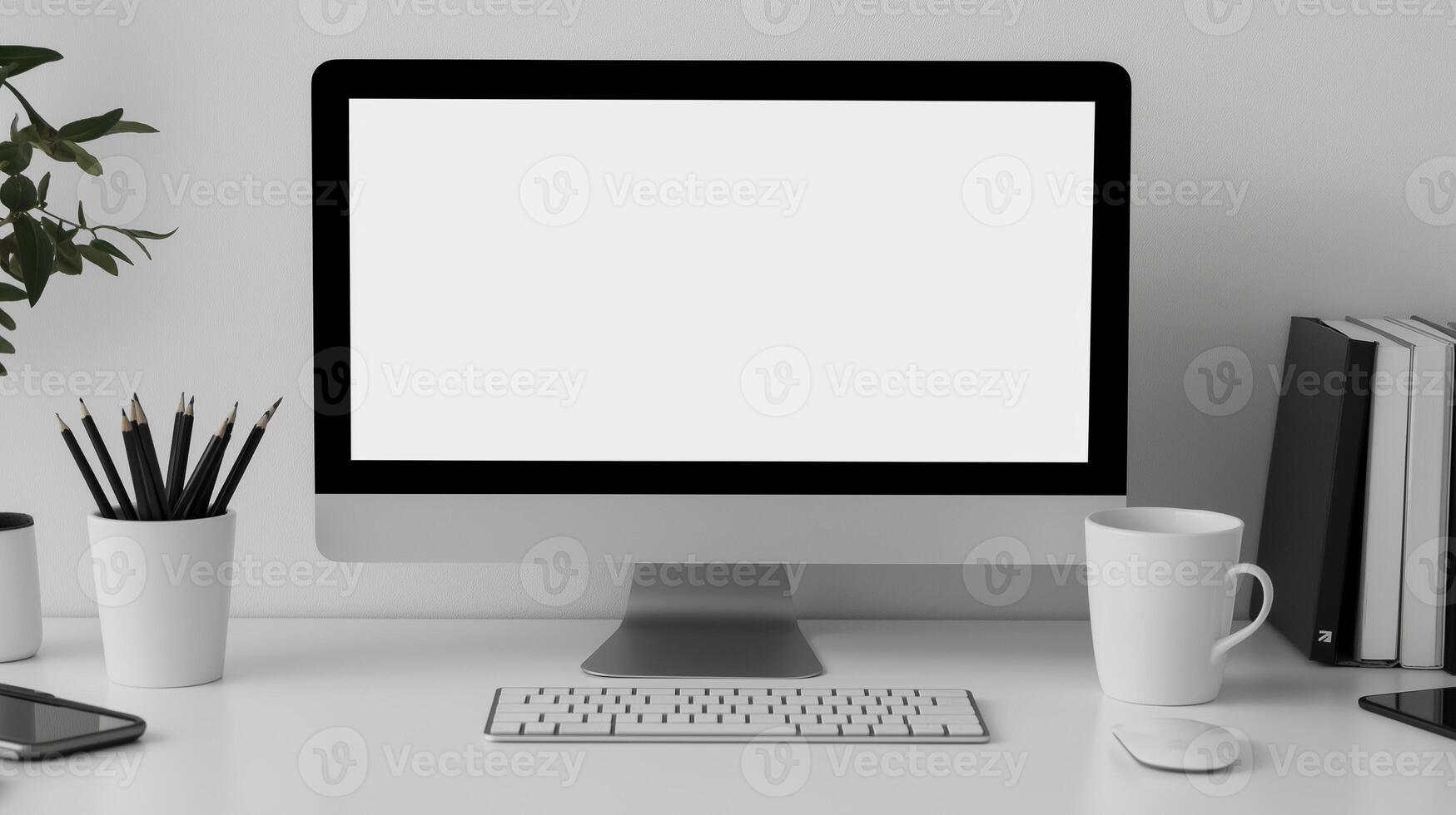 Cozy workplace with working computer screen mockup. Pc monitor with coffee cup and office supplies template advertising image. Display mock up on desk product photorealistic photo