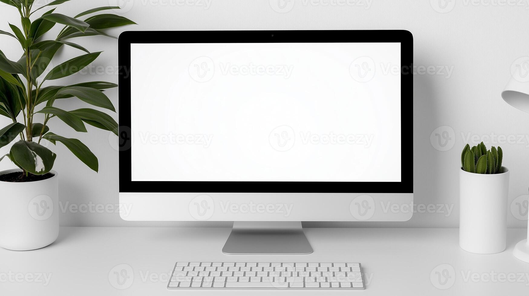Office workplace with computer monitor mockup. Houseplants near modern pc display template advertising image. Electronics for commercial activity mock up product photorealistic photo