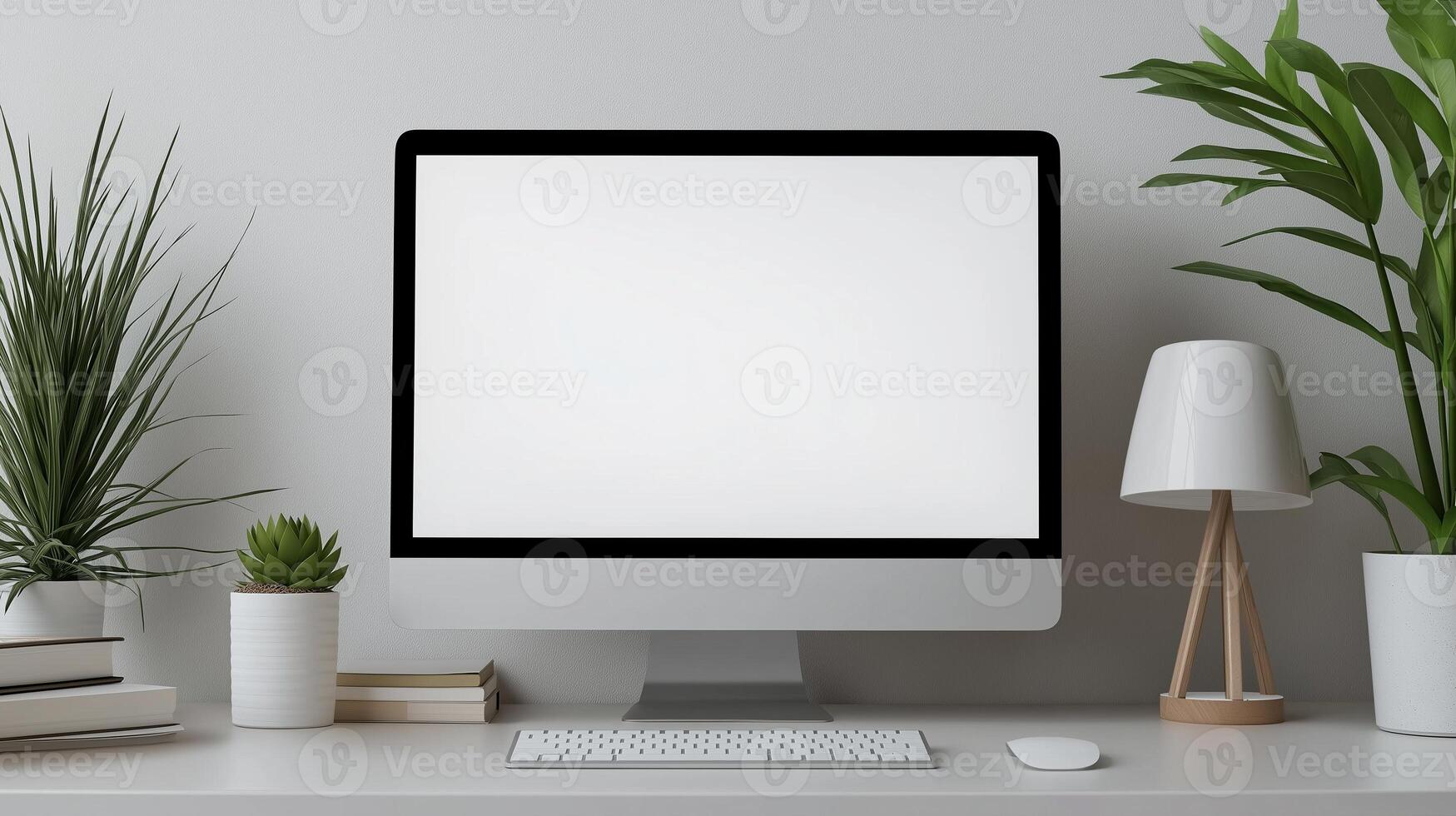 Office employee desk with mockup computer display. Interior design for productivity improving template advertising image. Pc monitor mock up indoors product photorealistic photo
